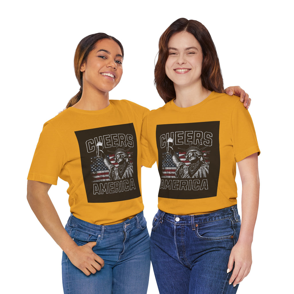 Cheers America T-Shirt — Statue of Liberty Holding Beer & Flag Patriotic Tee