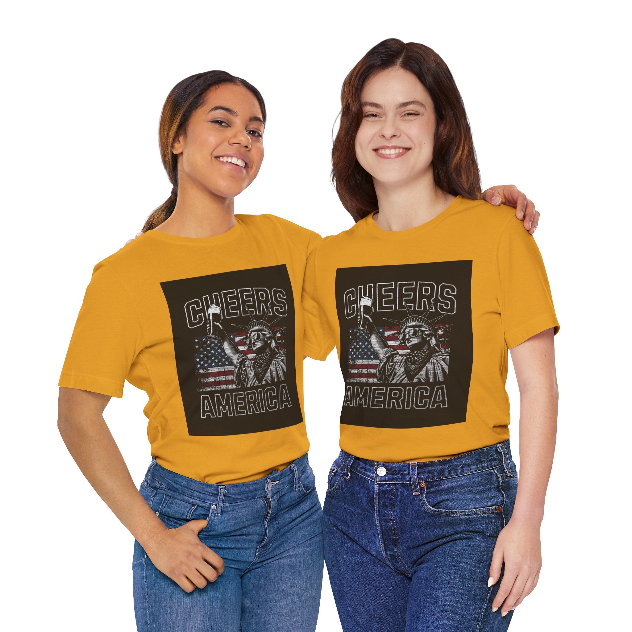 Cheers America T-Shirt — Statue of Liberty Holding Beer & Flag Patriotic Tee