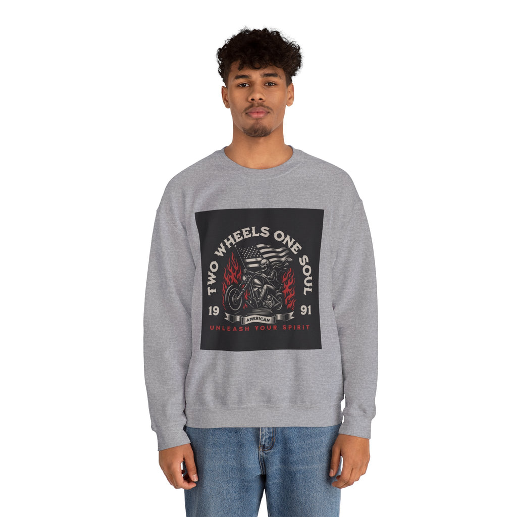Motorcycle Crewneck Sweatshirt - "Two Wheels One Soul" Vintage Bike Graphic