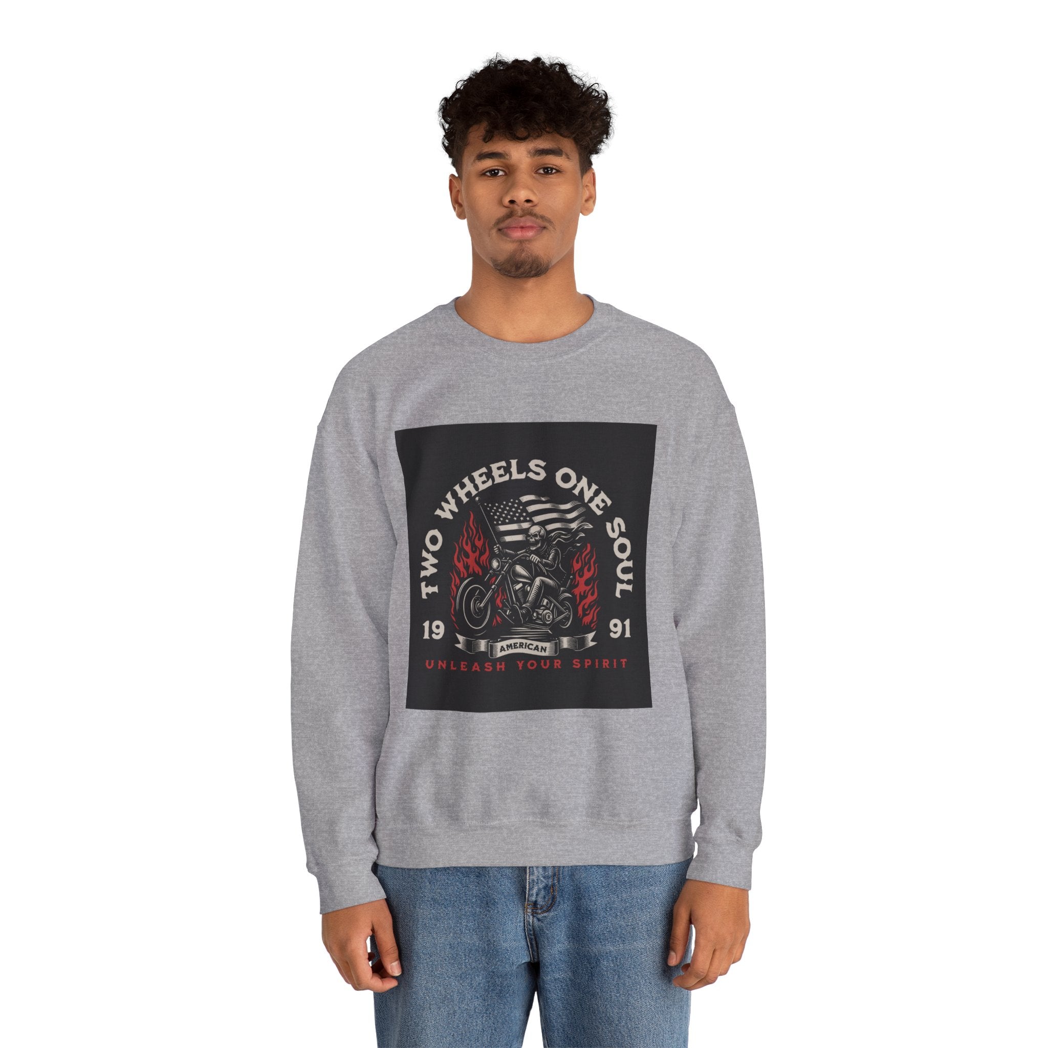 Motorcycle Crewneck Sweatshirt - "Two Wheels One Soul" Vintage Bike Graphic