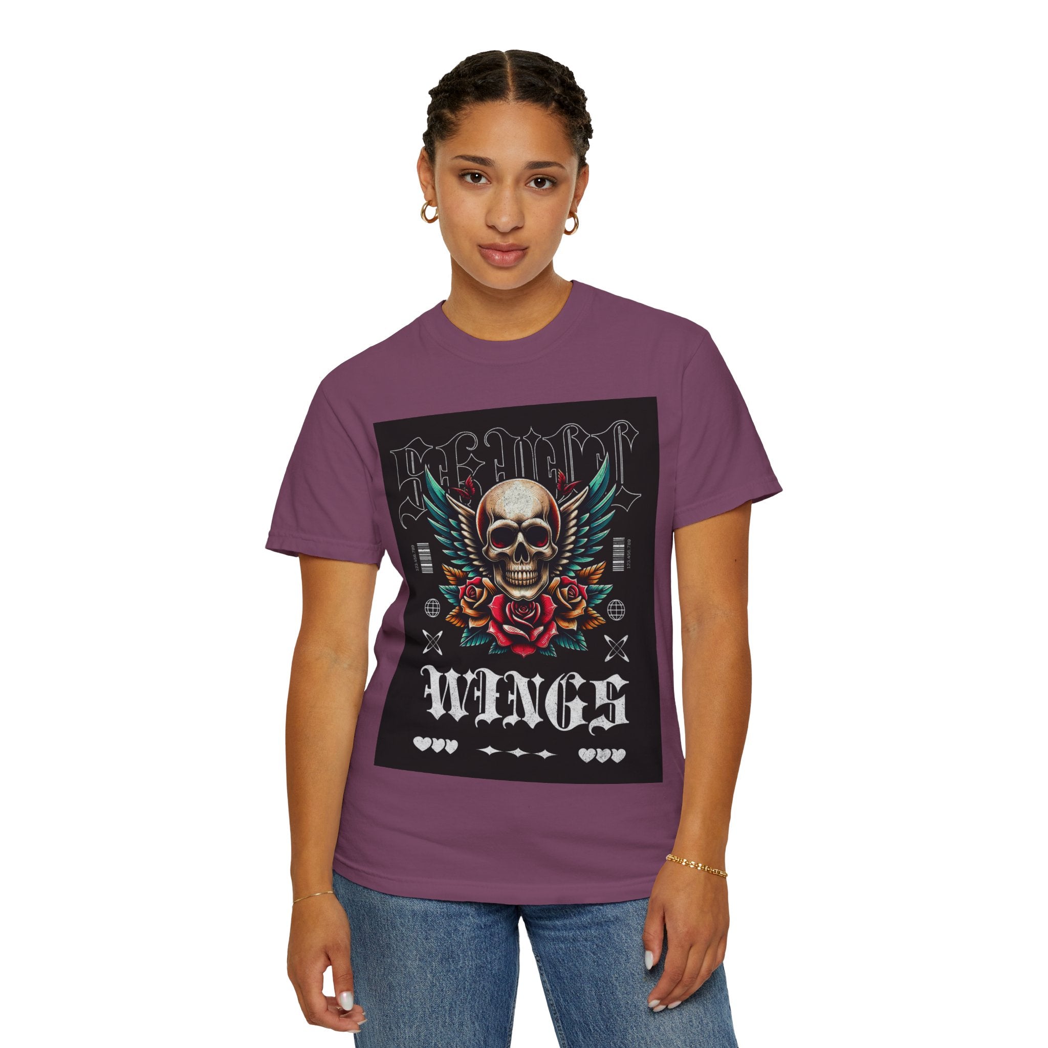 Skull Wings Graphic T-Shirt — Vintage Rock Tattoo Style with Roses