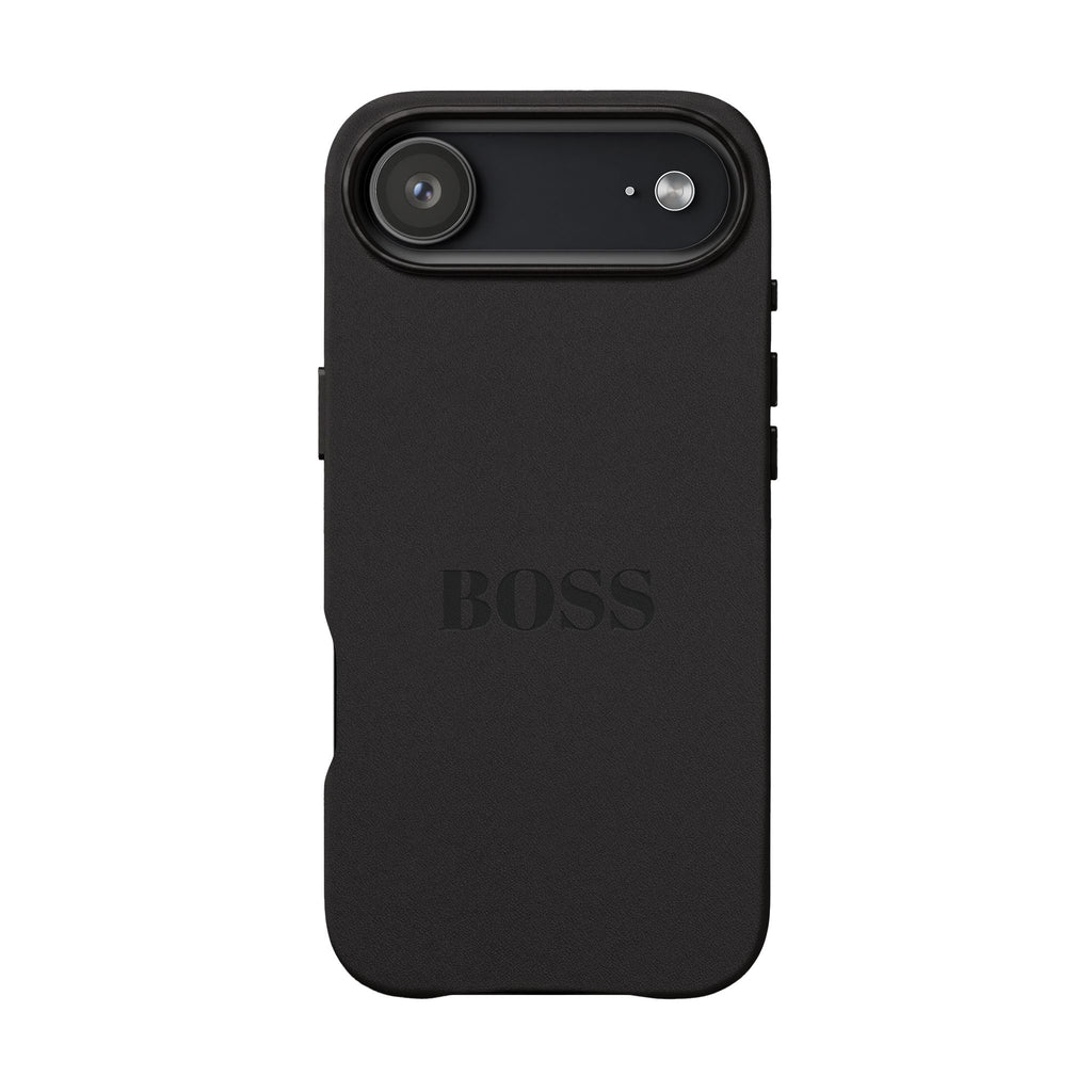 Engraved PU Leather Phone Case — Minimal 'BOSS' Monogram Protective Cover