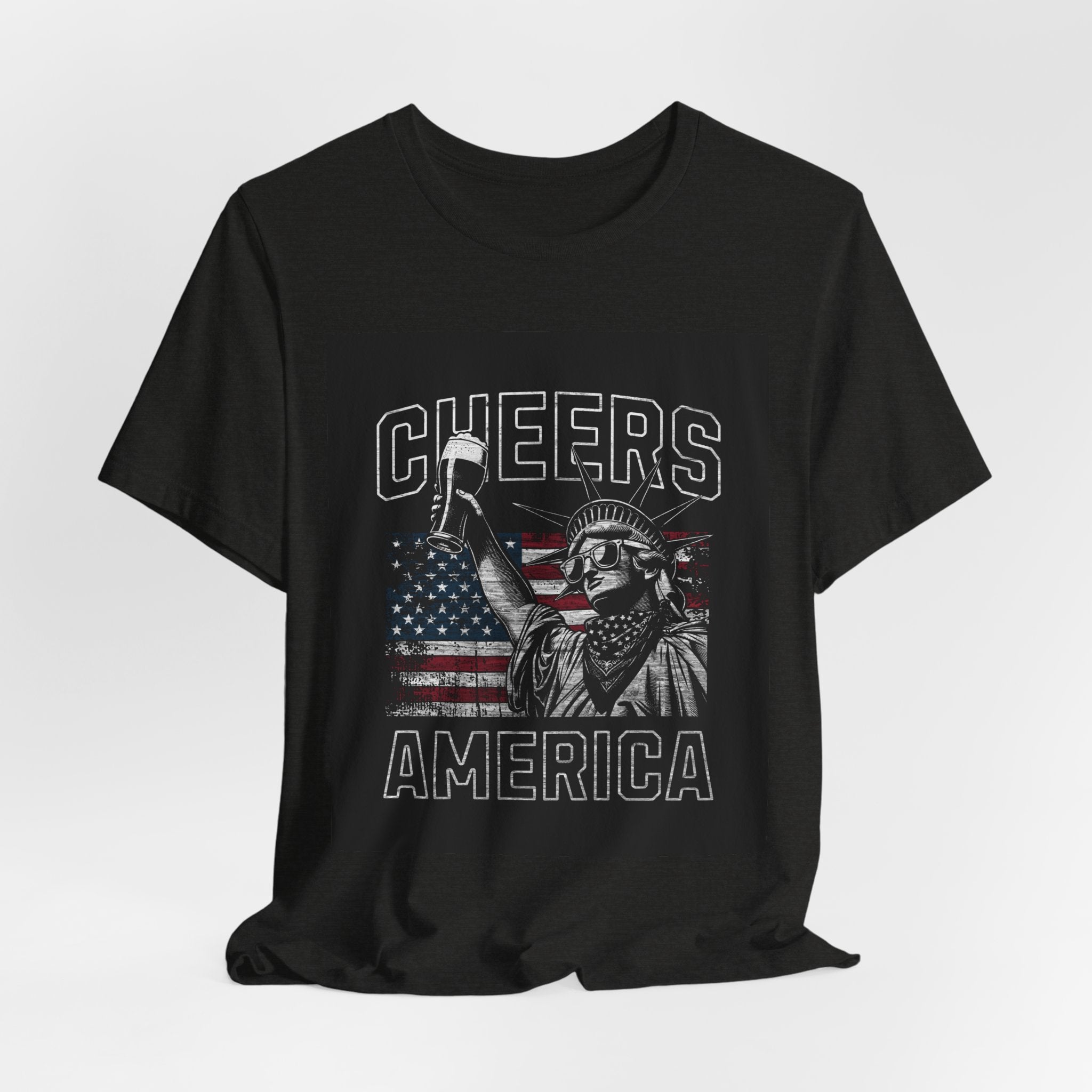 Cheers America T-Shirt — Statue of Liberty Holding Beer & Flag Patriotic Tee