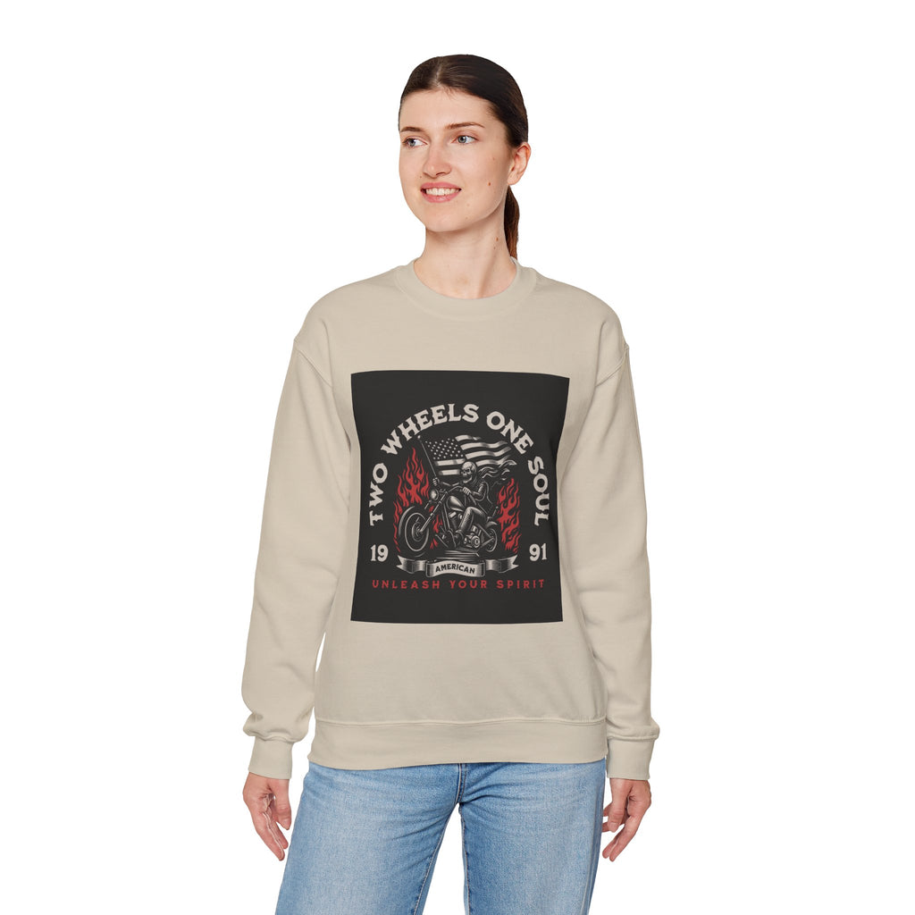 Motorcycle Crewneck Sweatshirt - "Two Wheels One Soul" Vintage Bike Graphic