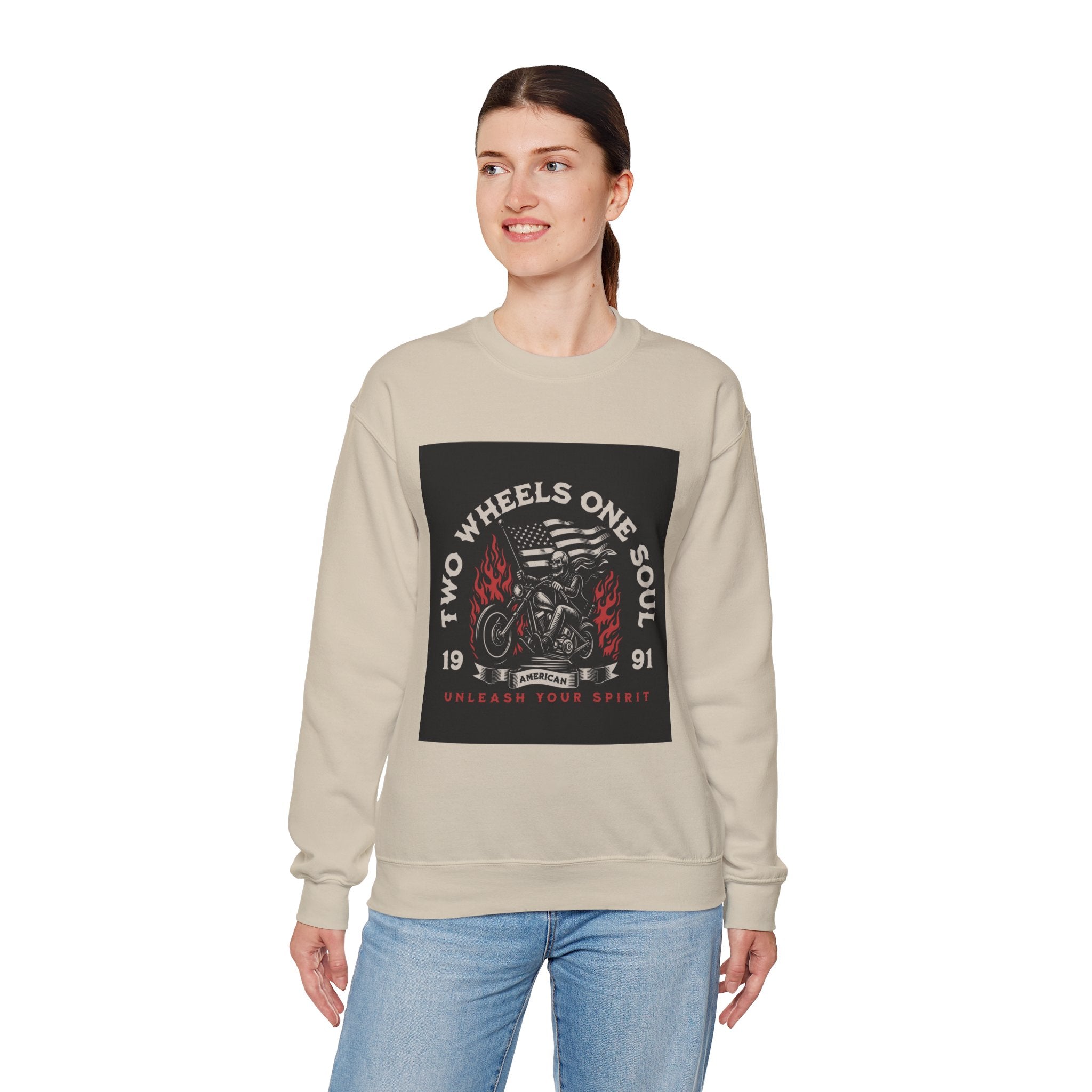 Motorcycle Crewneck Sweatshirt - "Two Wheels One Soul" Vintage Bike Graphic
