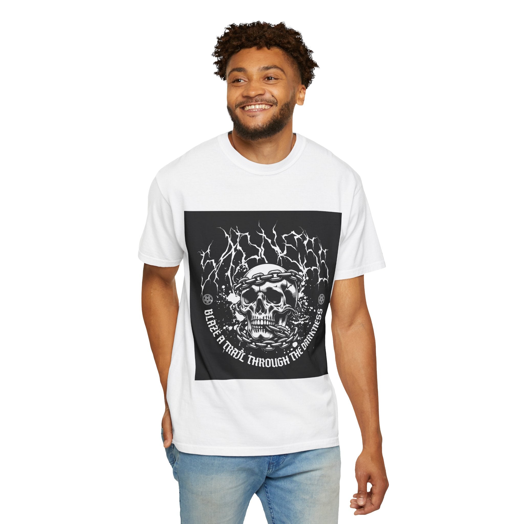 Graphic T-Shirt — 'Break a Path Through the Darkness' Skull Lightning Design