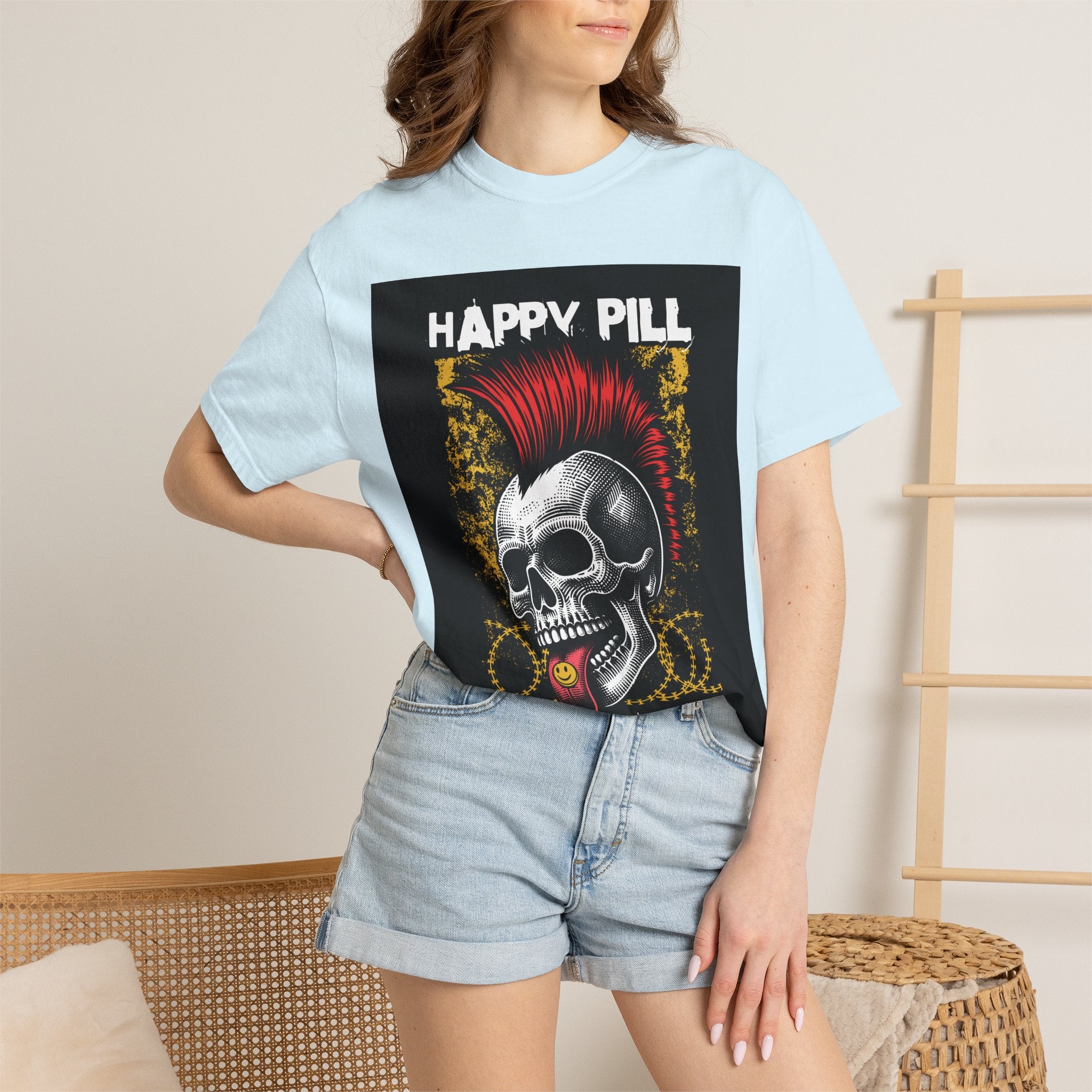 Happy Pill Punk Skull T-Shirt — 'Happy Pill Medication' Graphic Tee