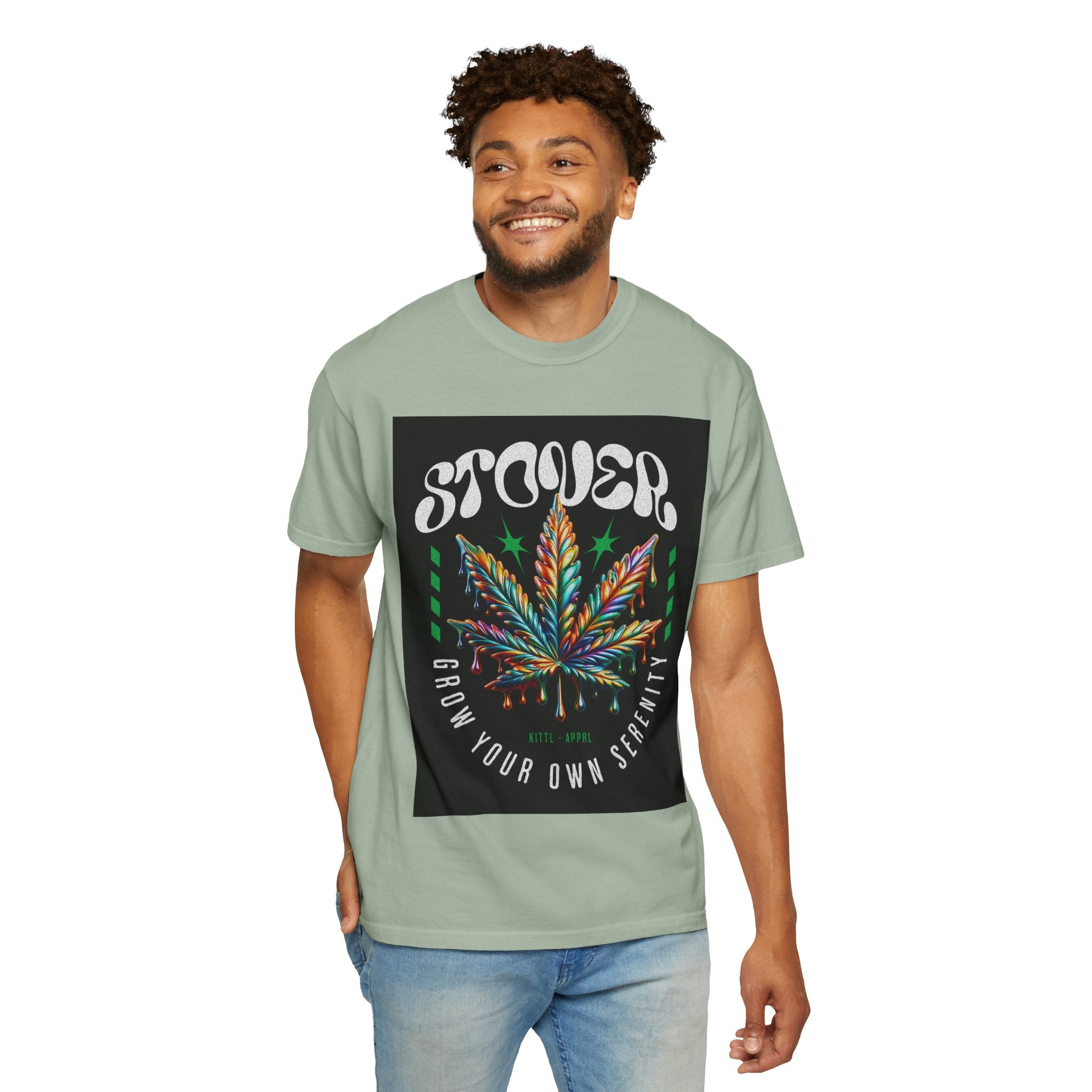 T-Shirt — Stover "Grow Your Own Serenity" Colorful Cannabis Leaf Graphic