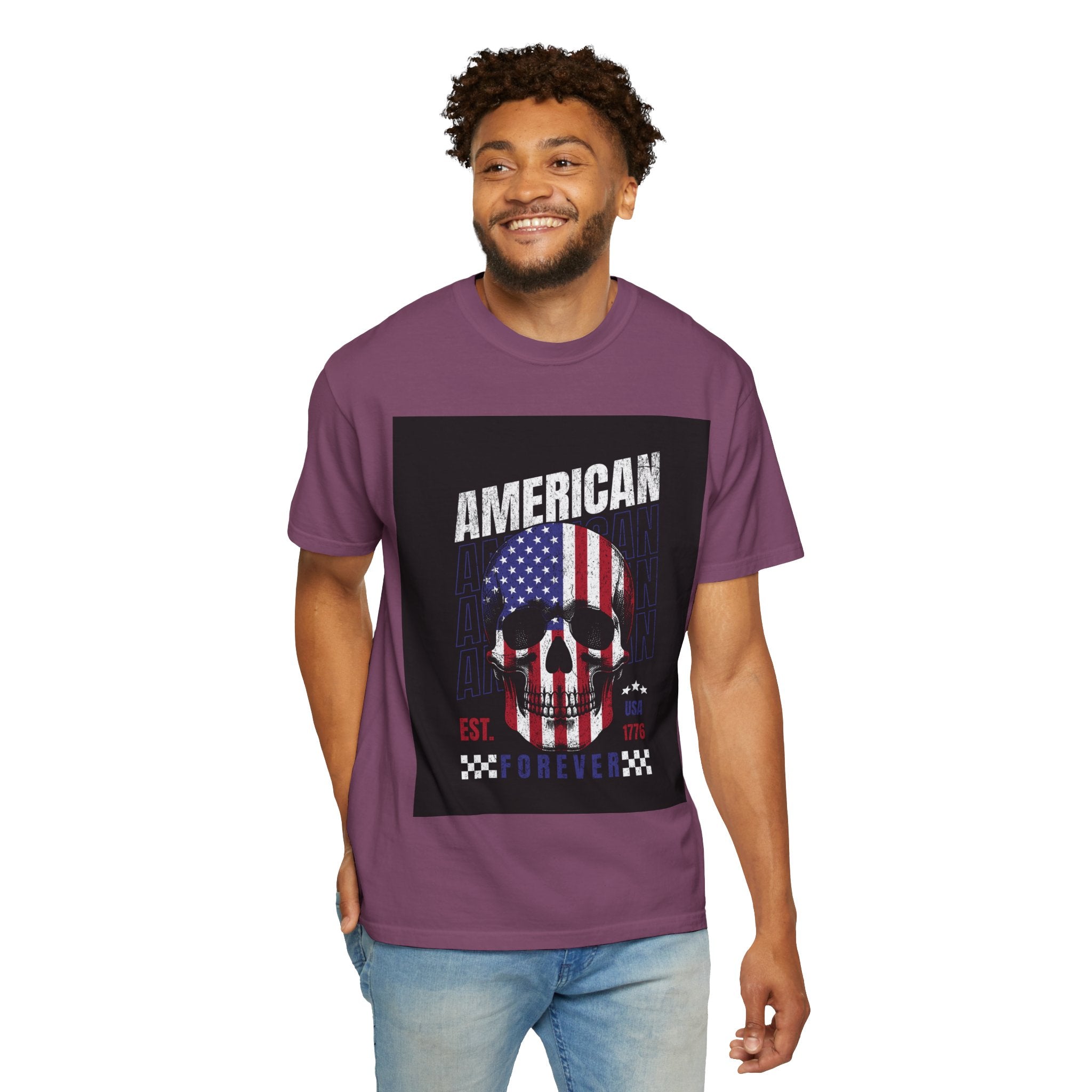 American Skull Flag T-Shirt — "American Forever" Patriotic Graphic Tee