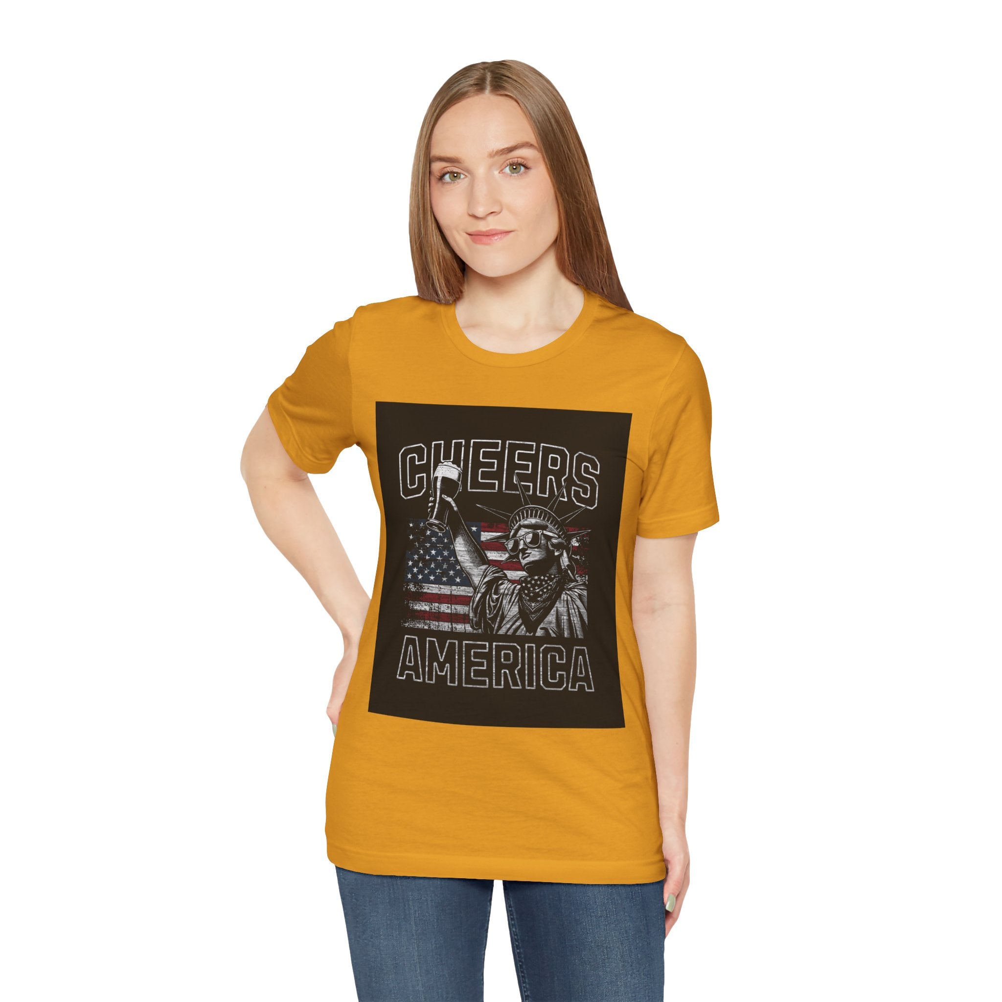 Cheers America T-Shirt — Statue of Liberty Holding Beer & Flag Patriotic Tee