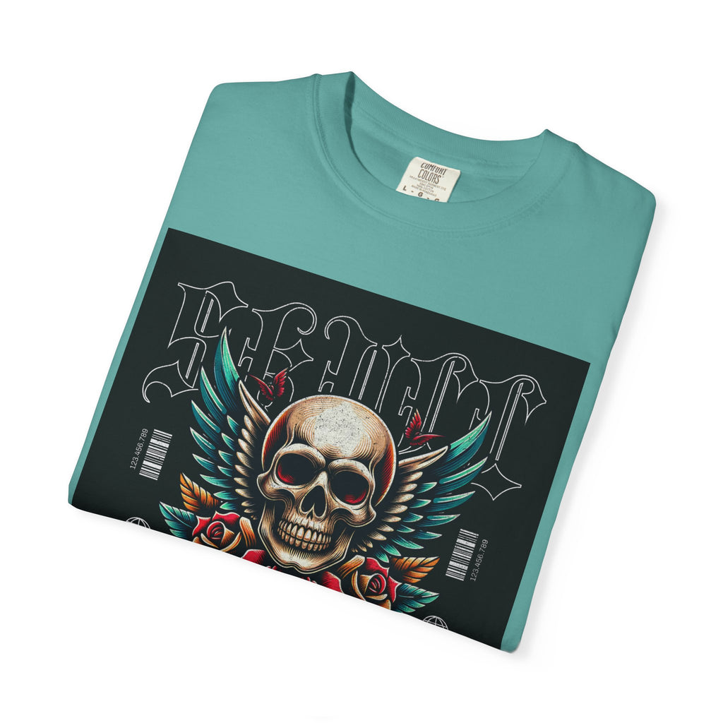 Skull Wings Graphic T-Shirt — Vintage Rock Tattoo Style with Roses