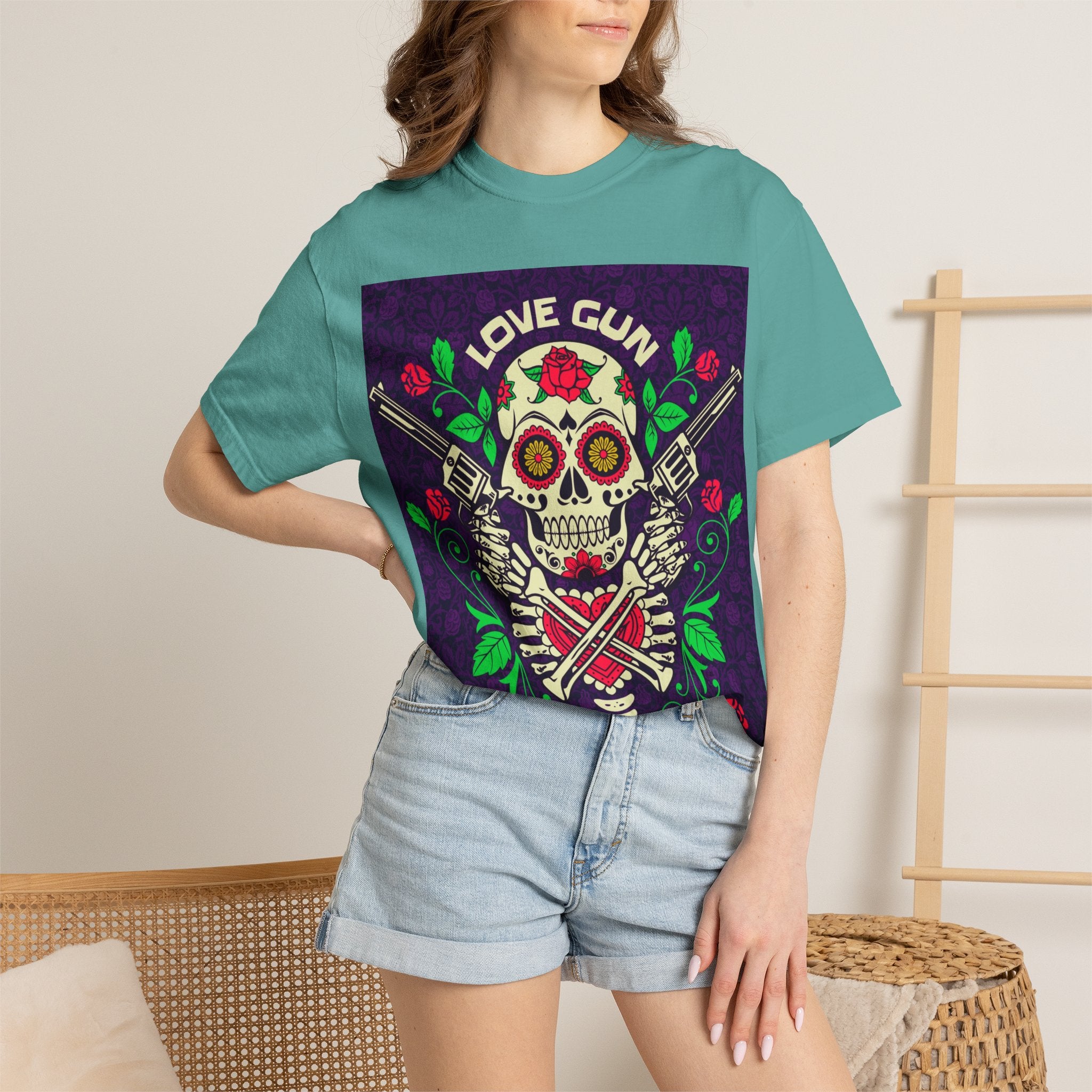 Love Gun Skull T‑Shirt — Day of the Dead Floral Graphic Tee