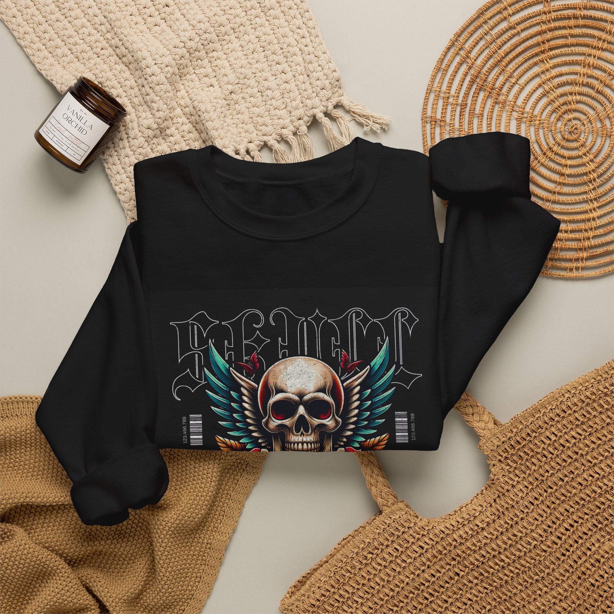 Skull Wings Crewneck Sweatshirt — Vintage Tattoo Skull with Rose Graphic