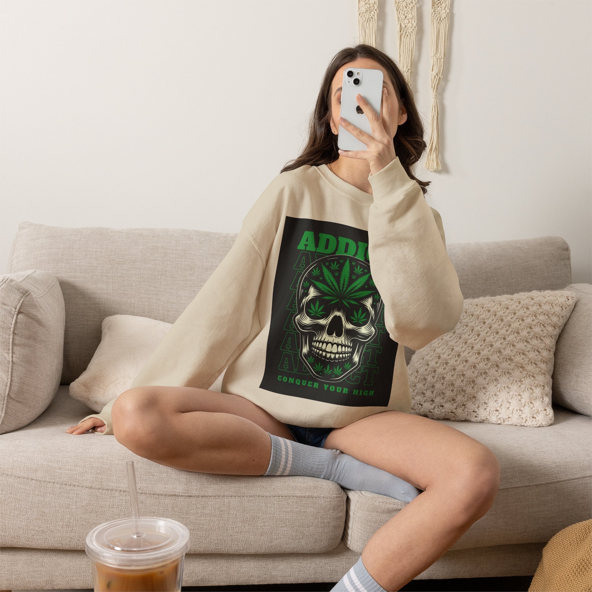 Skull & Cannabis 'Addict' Crewneck Sweatshirt — Conquer Your High Graphic Sweatshirt