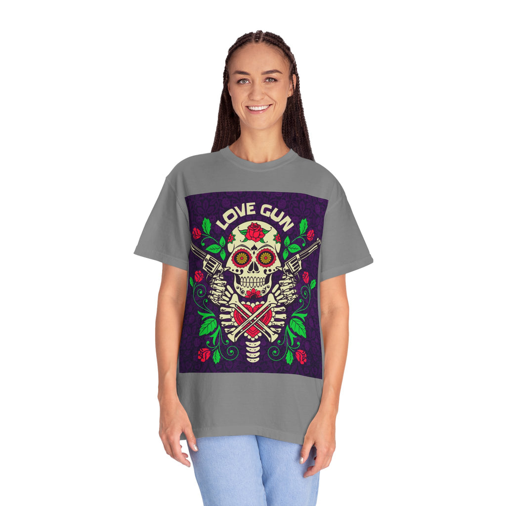 Love Gun Skull T‑Shirt — Day of the Dead Floral Graphic Tee