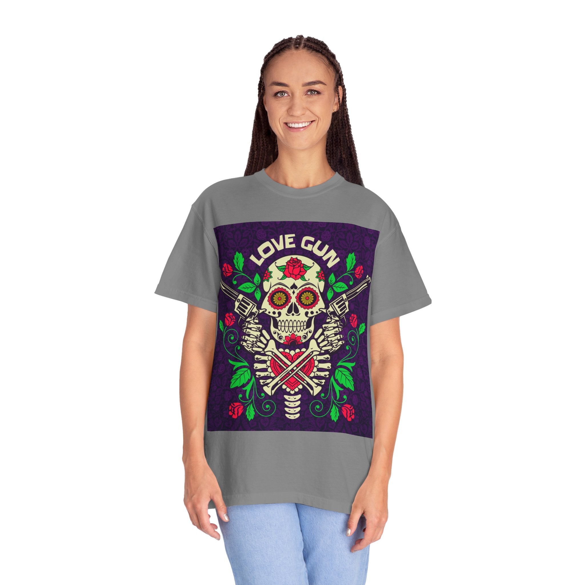 Love Gun Skull T‑Shirt — Day of the Dead Floral Graphic Tee
