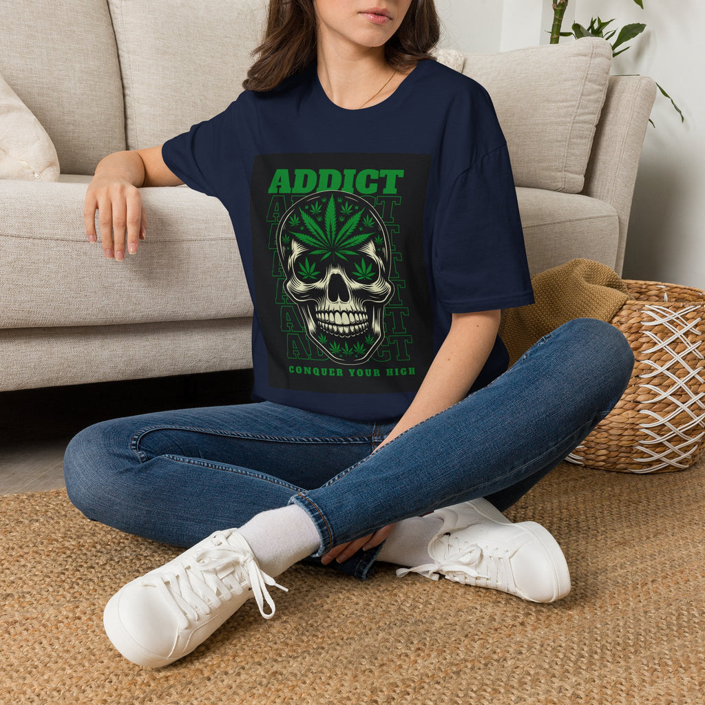 T‑Shirt — "Addict" Skull with Cannabis Leaf Graphic