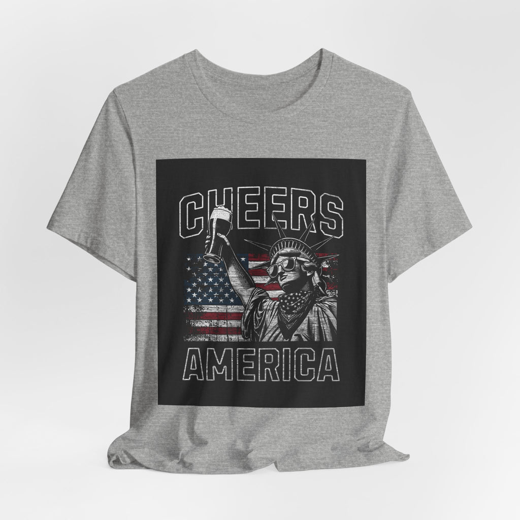 Cheers America T-Shirt — Statue of Liberty Holding Beer & Flag Patriotic Tee