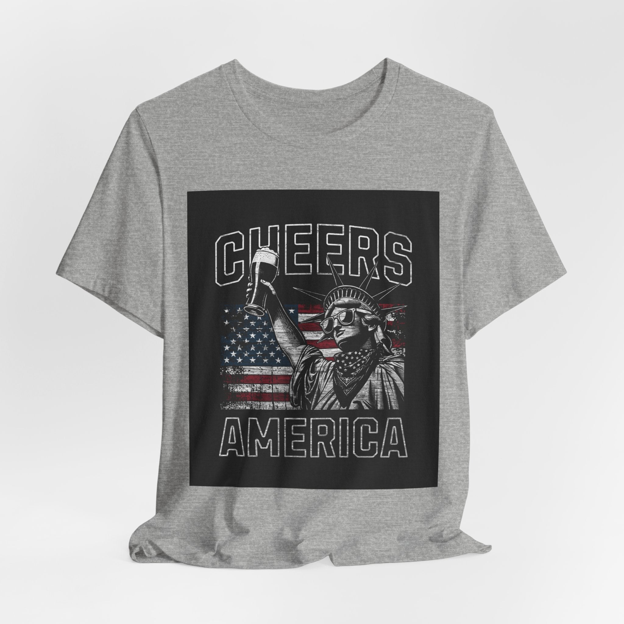 Cheers America T-Shirt — Statue of Liberty Holding Beer & Flag Patriotic Tee