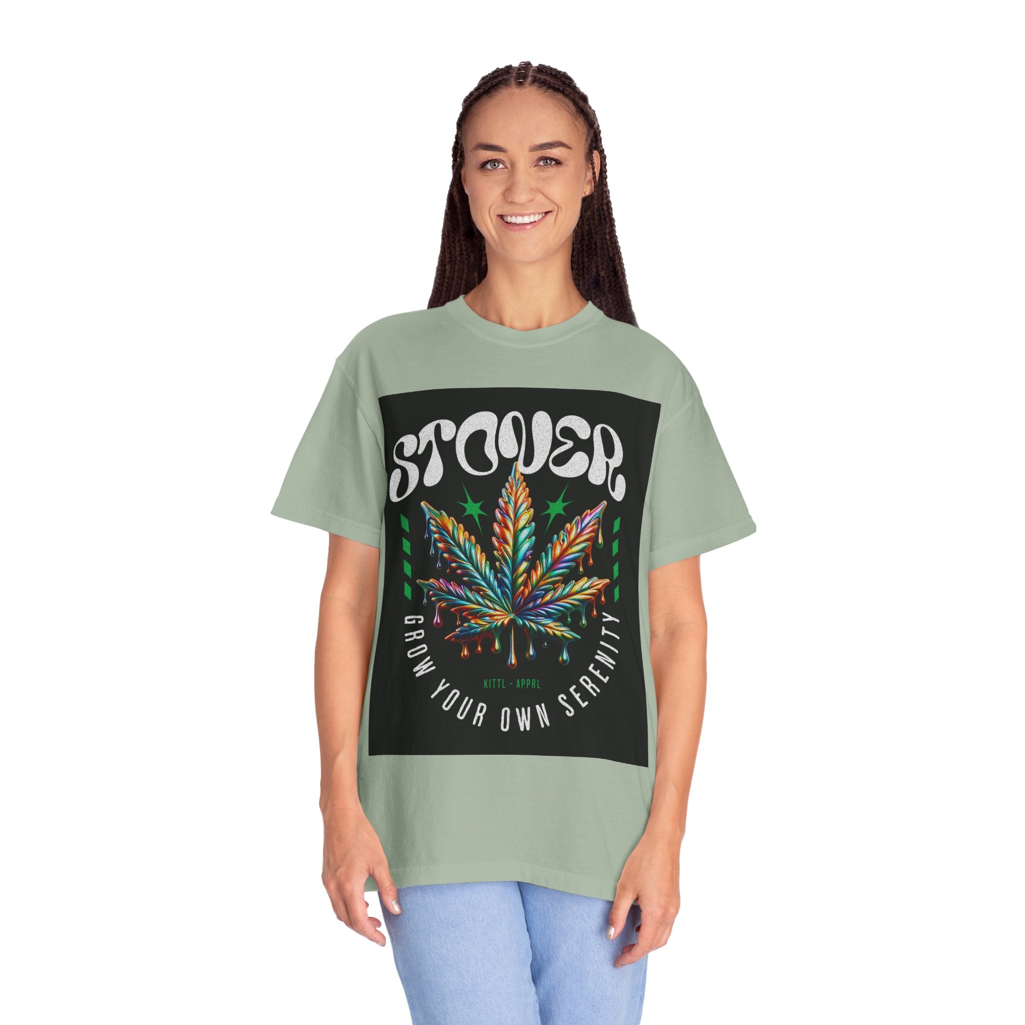 T-Shirt — Stover "Grow Your Own Serenity" Colorful Cannabis Leaf Graphic