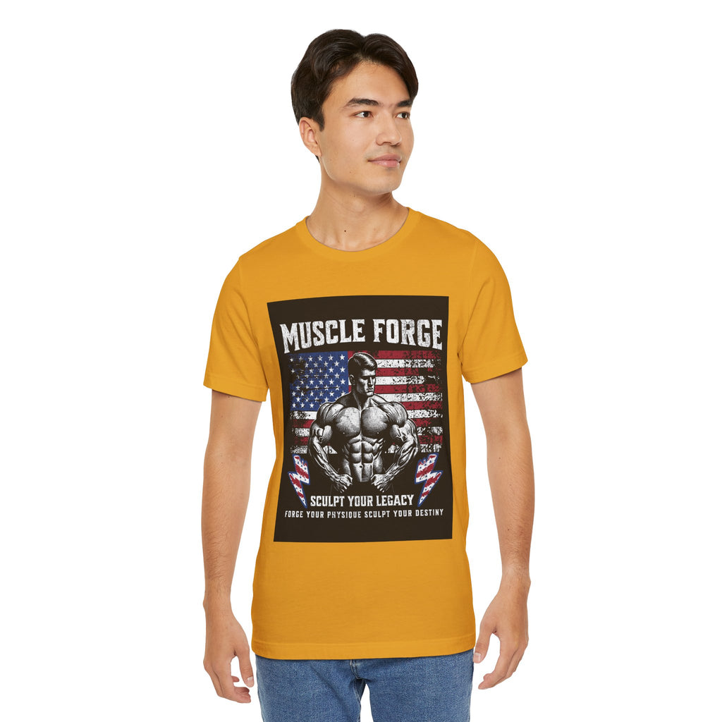 Muscle Forge American Flag Gym Tee — "Sculpt Your Legacy" Fitness T-Shirt
