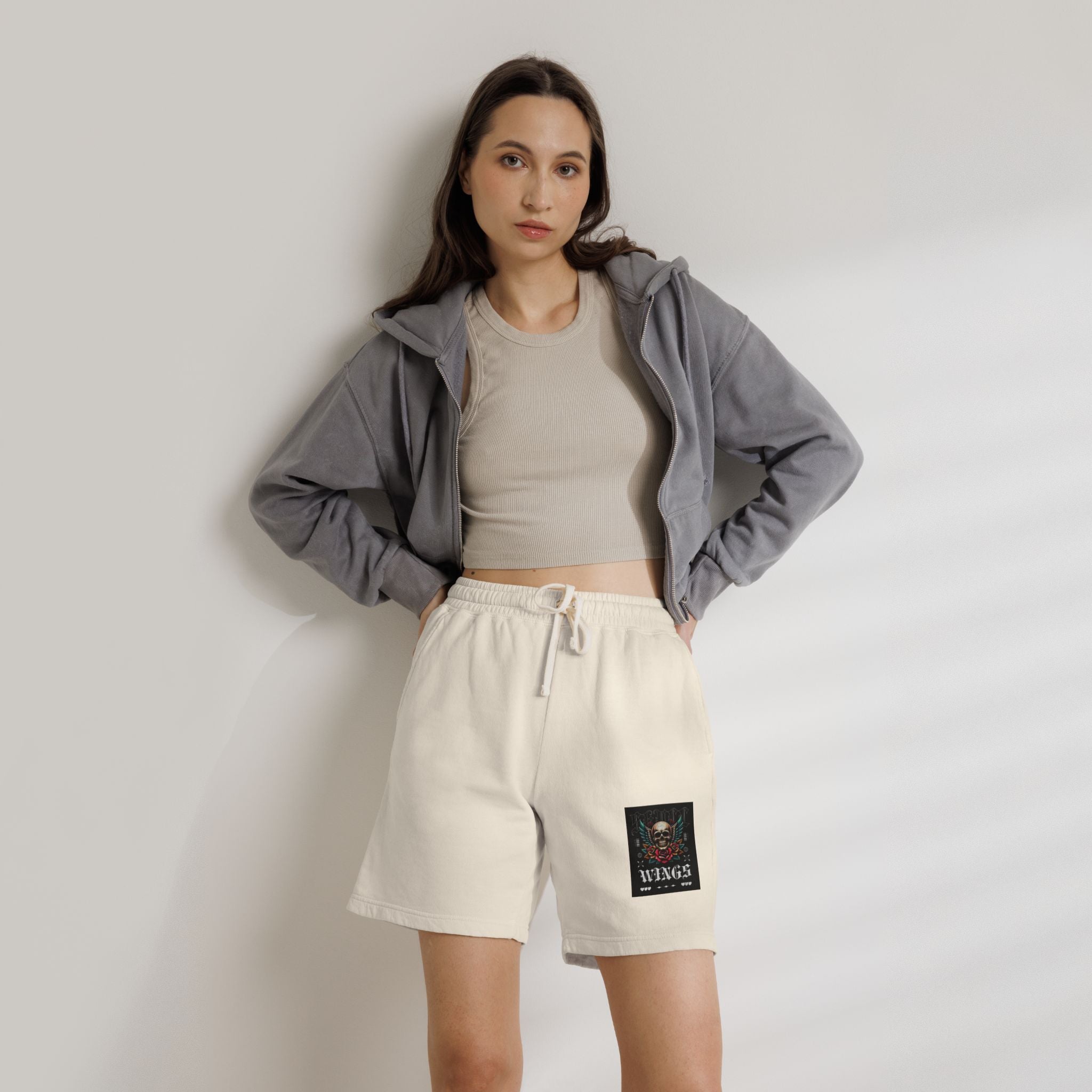 Skull & Wings Fleece Sweat Shorts — Lightweight Garment-Dyed Lounge Shorts