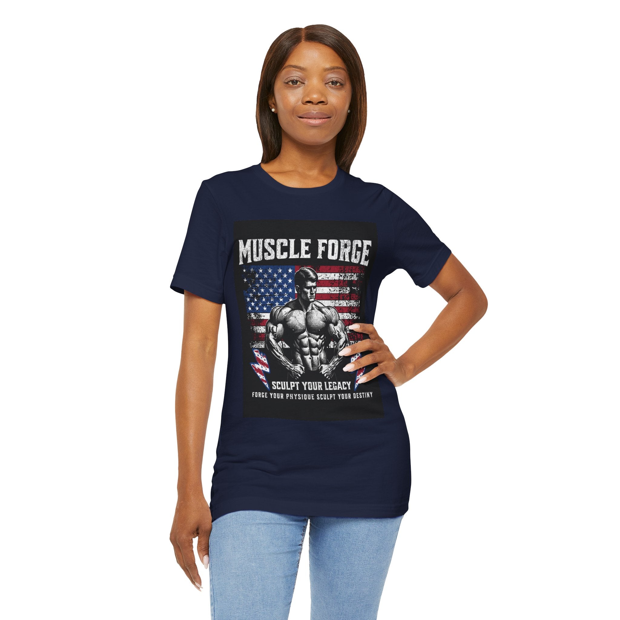 Muscle Forge American Flag Gym Tee — "Sculpt Your Legacy" Fitness T-Shirt