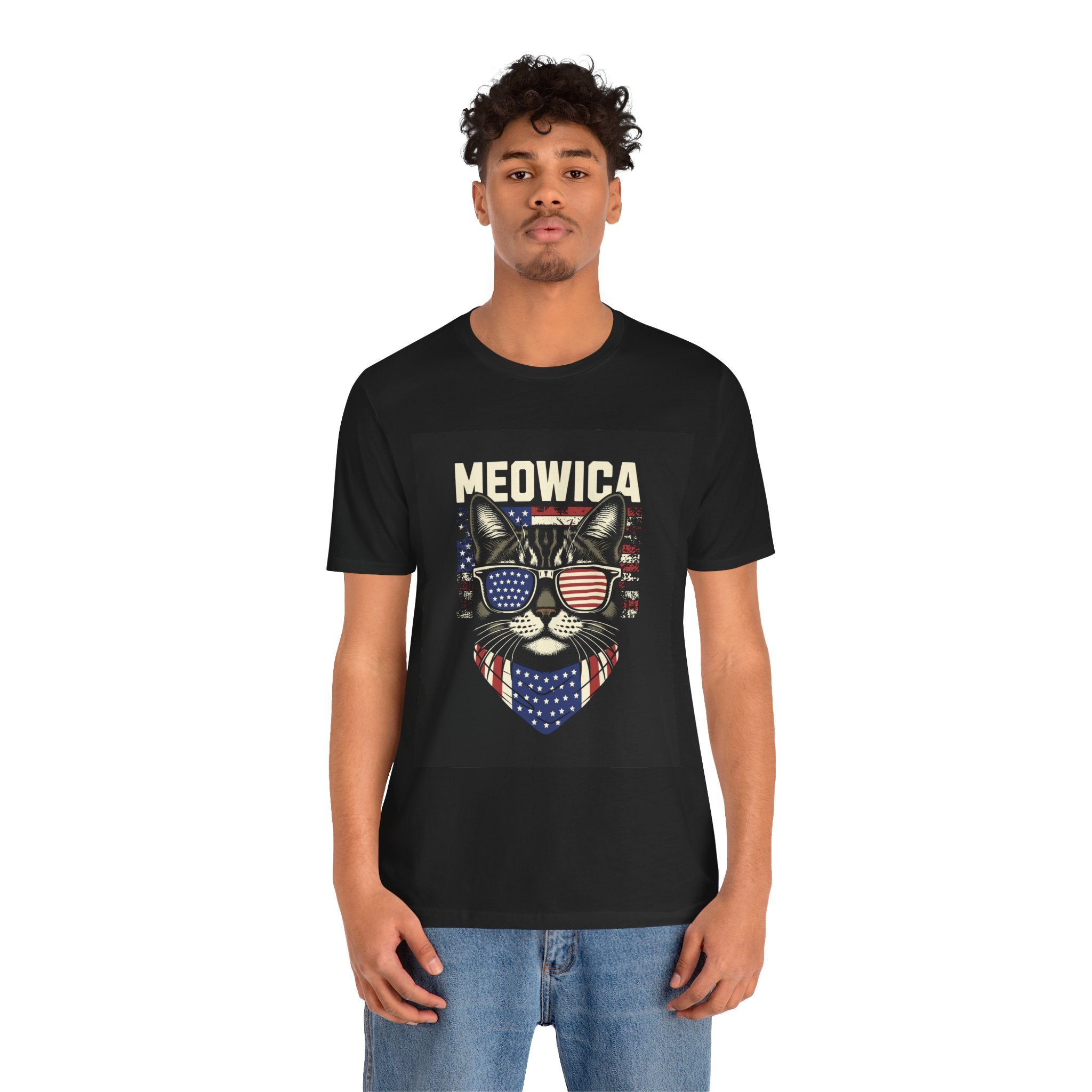 Meowica Cat Tee — Patriotic USA Flag Sunglasses Graphic T-Shirt