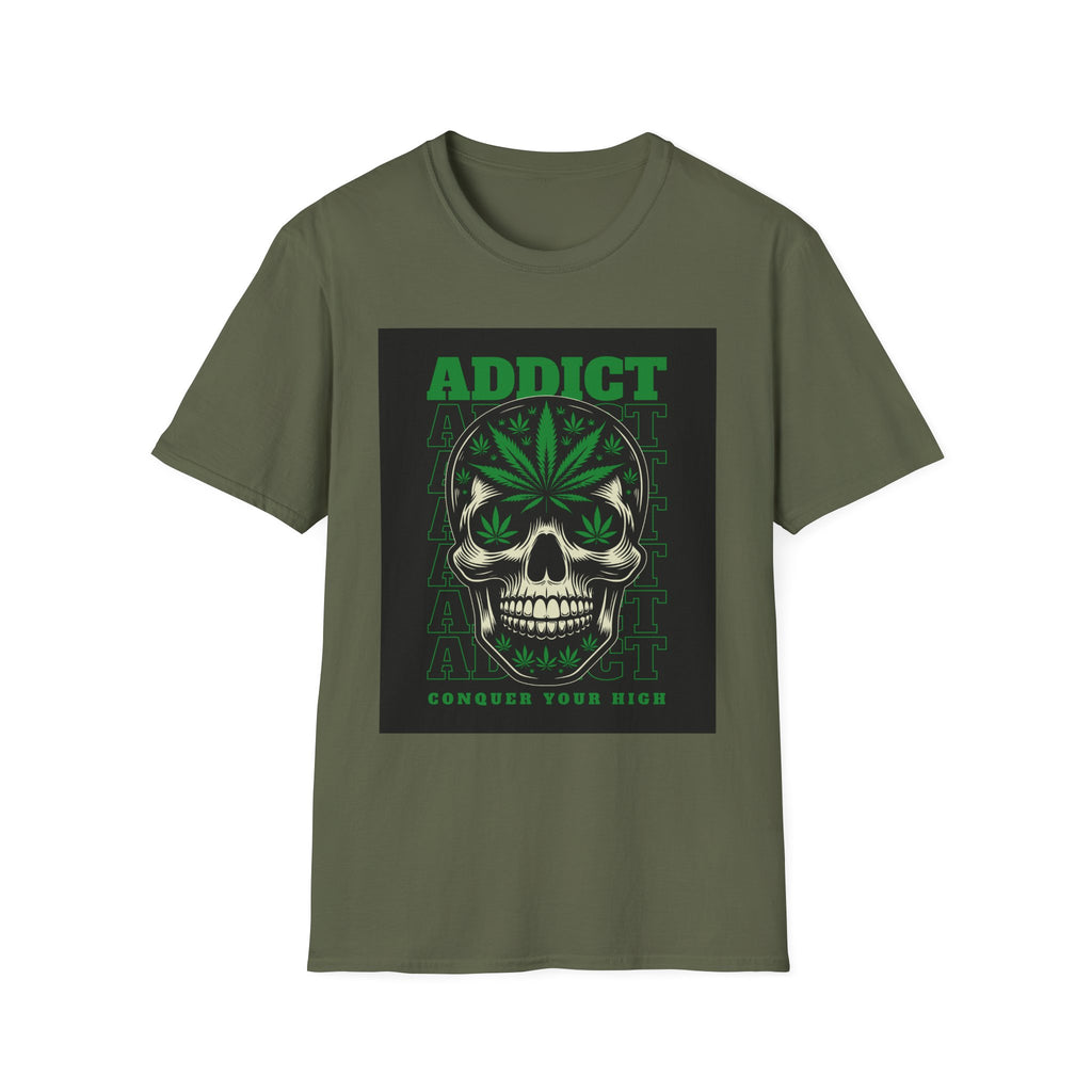 T‑Shirt — "Addict" Skull with Cannabis Leaf Graphic