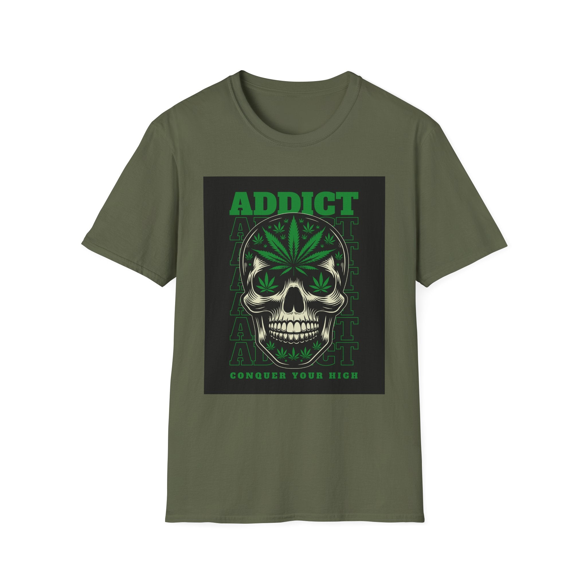 T‑Shirt — "Addict" Skull with Cannabis Leaf Graphic