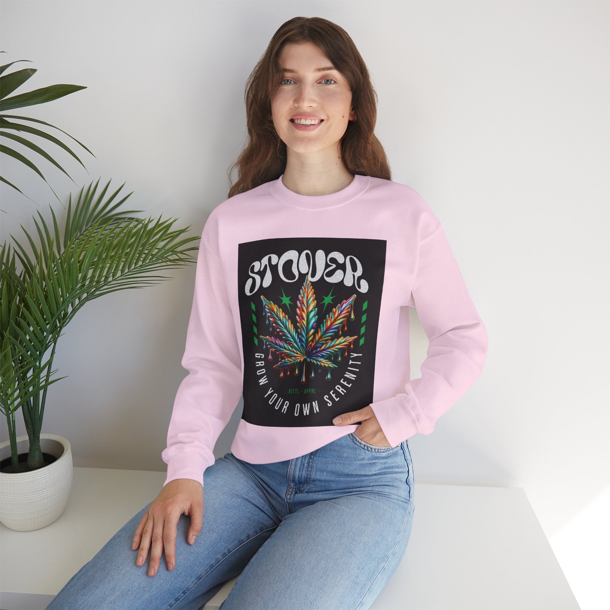 Sweatshirt — Stoner 'Grow Your Own Serenity' Colorful Cannabis Leaf Crewneck