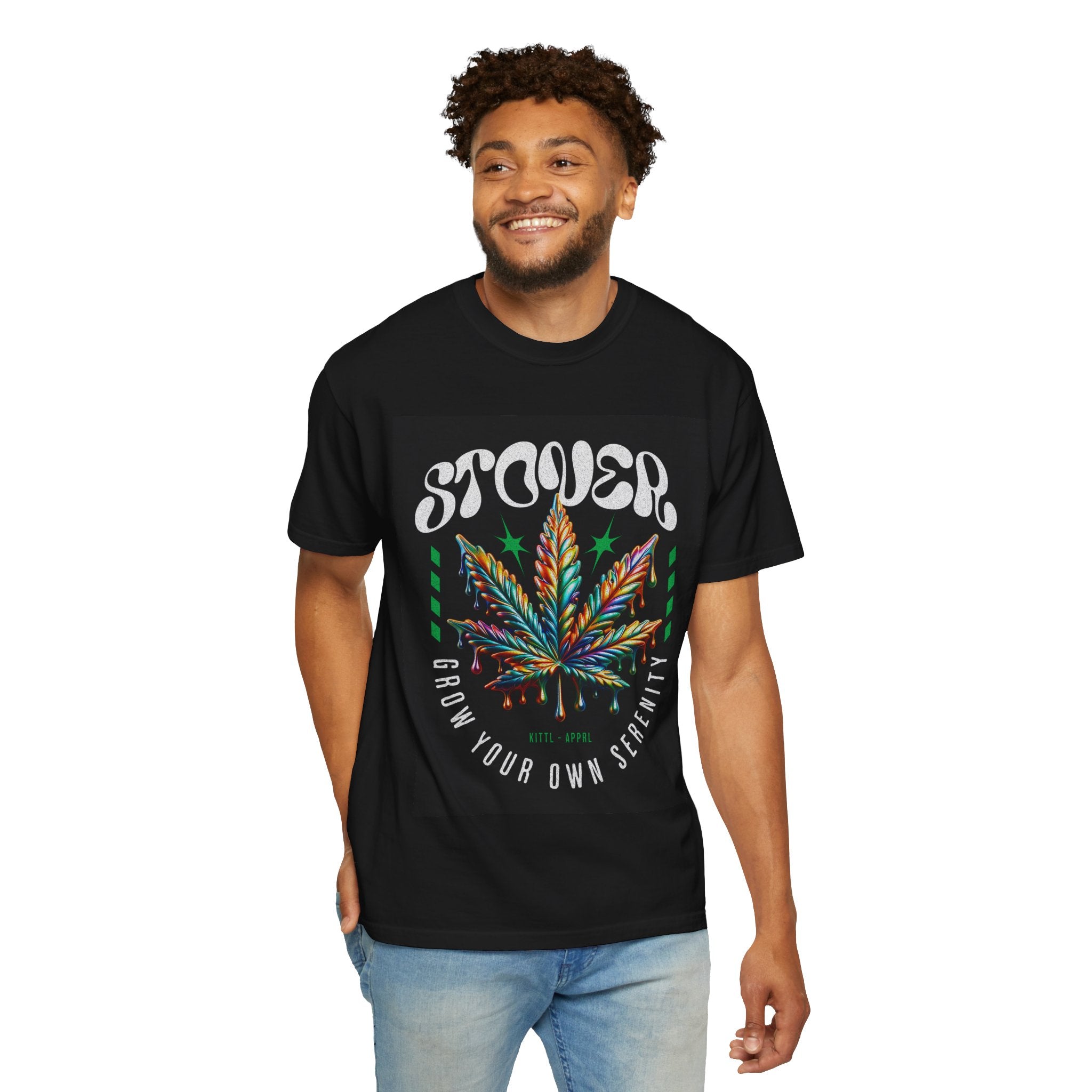 T-Shirt — Stover "Grow Your Own Serenity" Colorful Cannabis Leaf Graphic