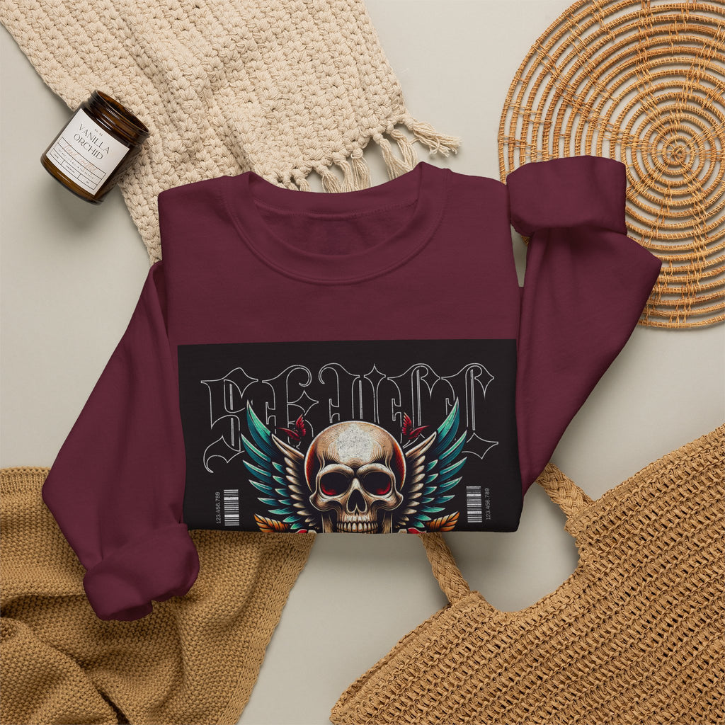 Skull Wings Crewneck Sweatshirt — Vintage Tattoo Skull with Rose Graphic