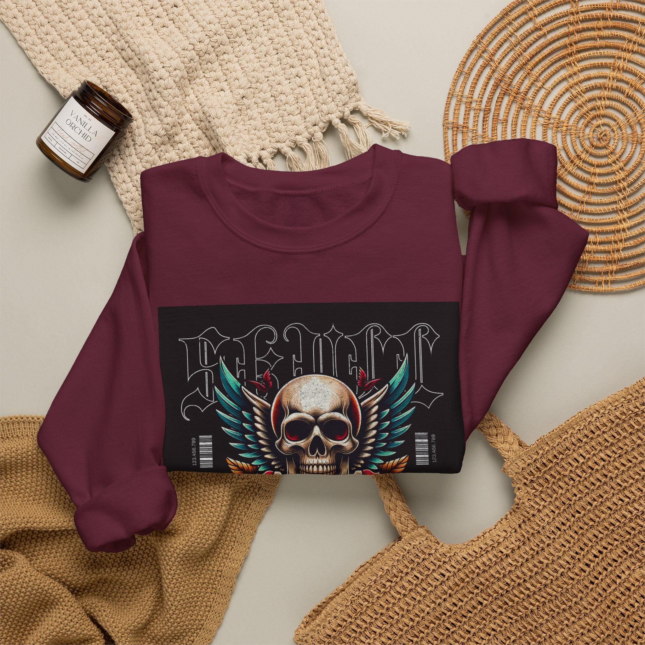 Skull Wings Crewneck Sweatshirt — Vintage Tattoo Skull with Rose Graphic
