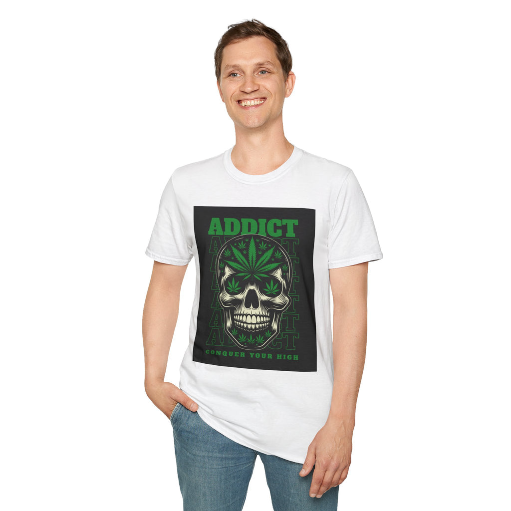 T‑Shirt — "Addict" Skull with Cannabis Leaf Graphic
