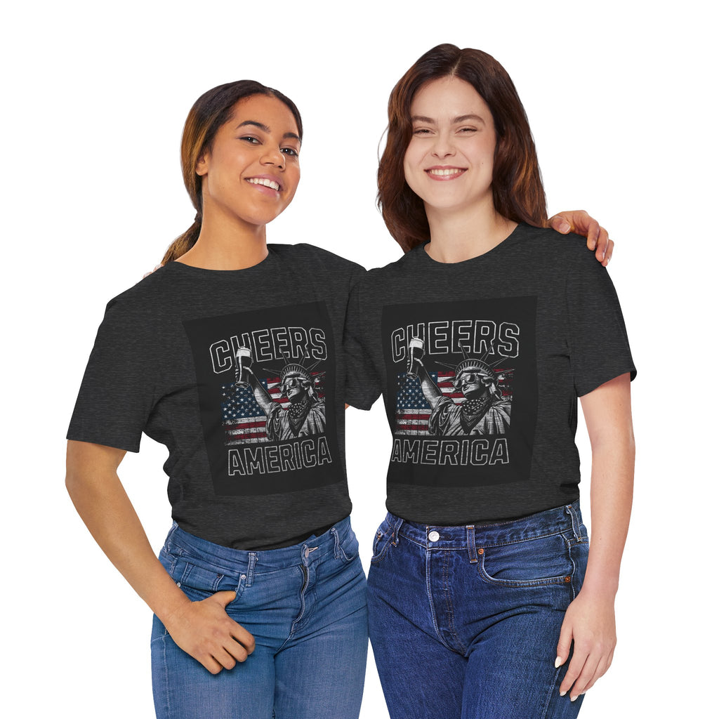 Cheers America T-Shirt — Statue of Liberty Holding Beer & Flag Patriotic Tee