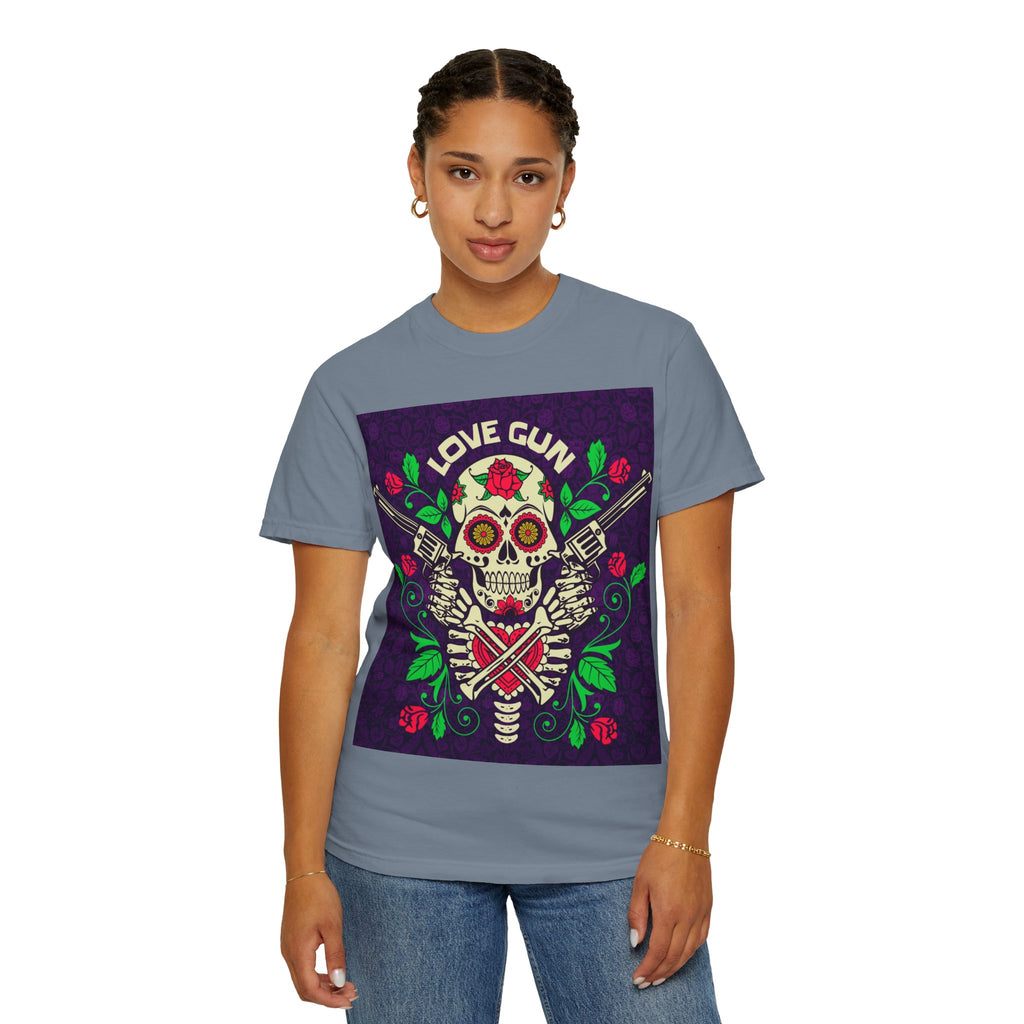 Love Gun Skull T‑Shirt — Day of the Dead Floral Graphic Tee
