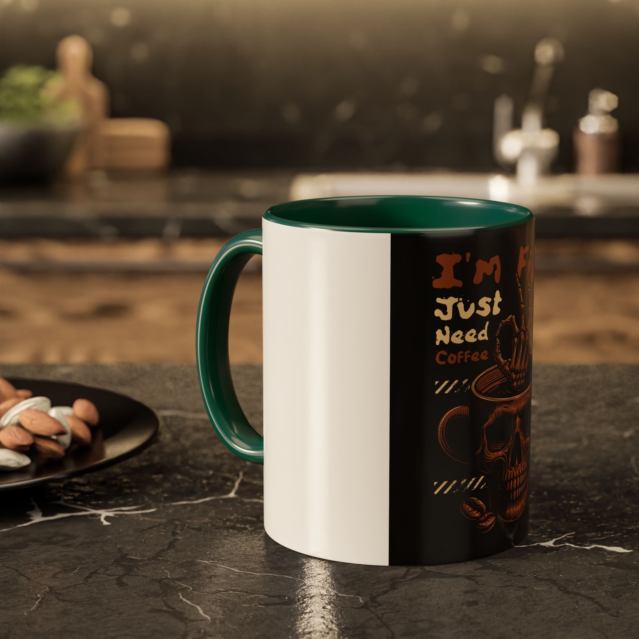 Skull Coffee Mug – "I'm Fine Just Need Coffee" Gothic Ceramic Mug