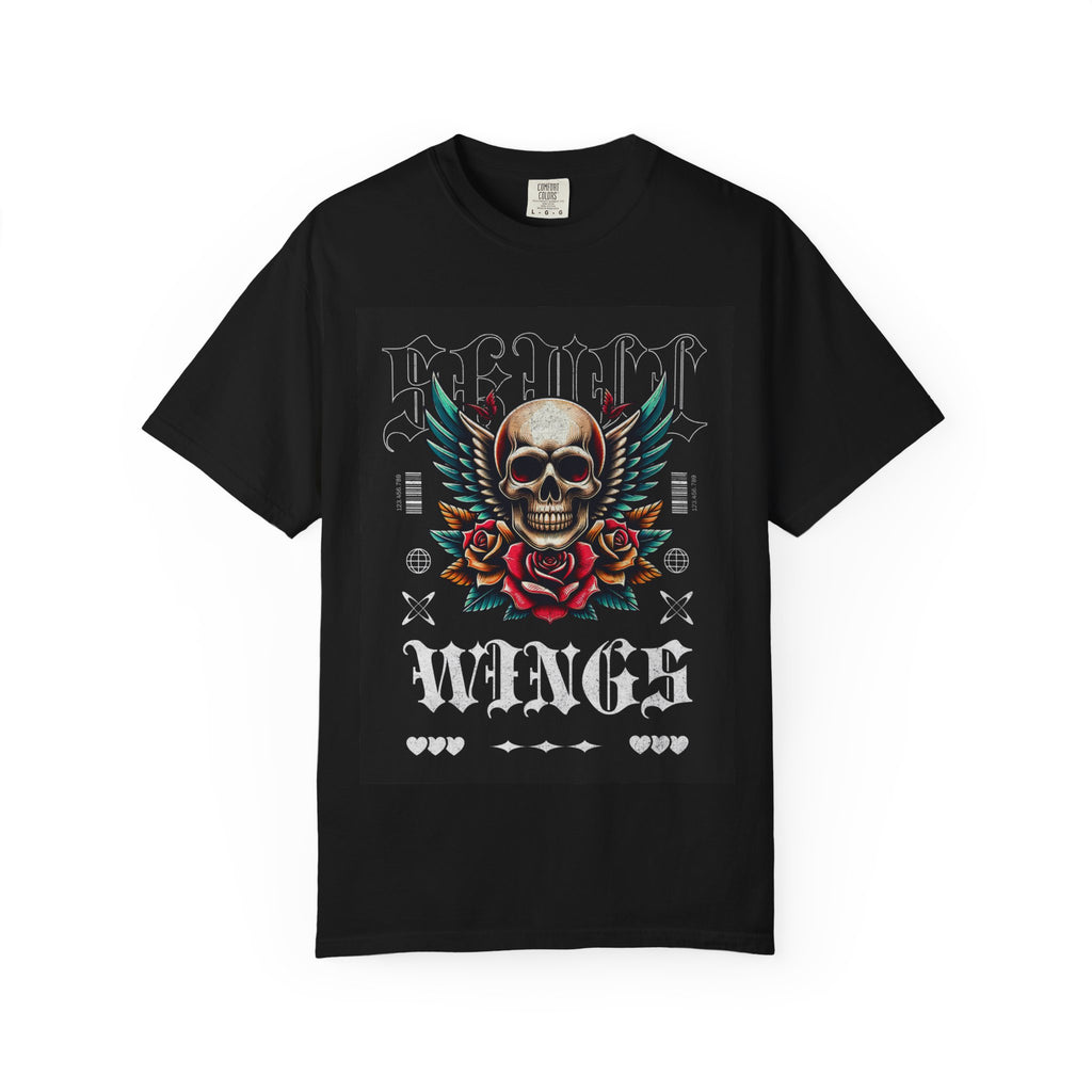 Skull Wings Graphic T-Shirt — Vintage Rock Tattoo Style with Roses
