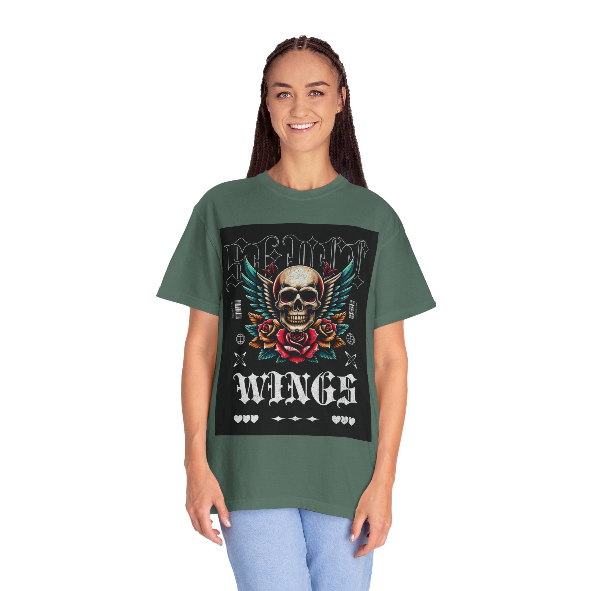 Skull Wings Graphic T-Shirt — Vintage Rock Tattoo Style with Roses
