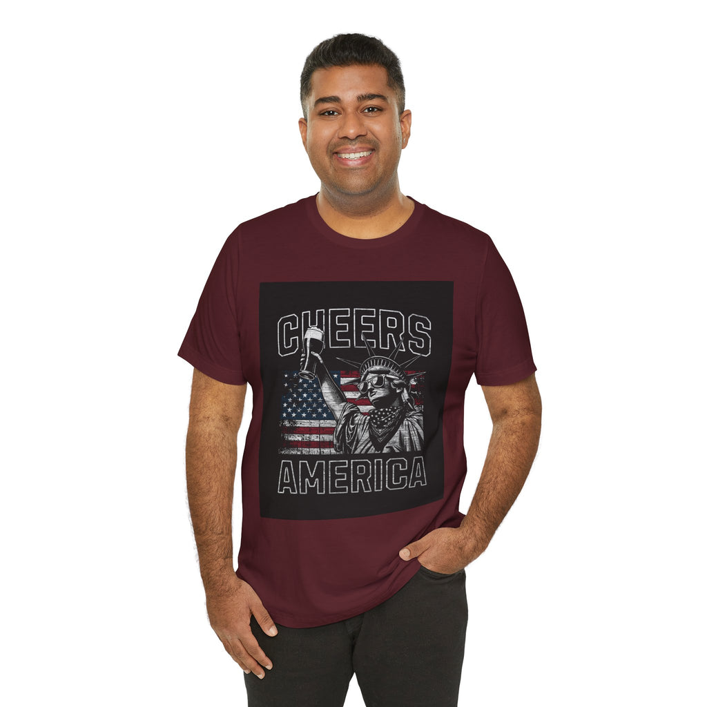 Cheers America T-Shirt — Statue of Liberty Holding Beer & Flag Patriotic Tee