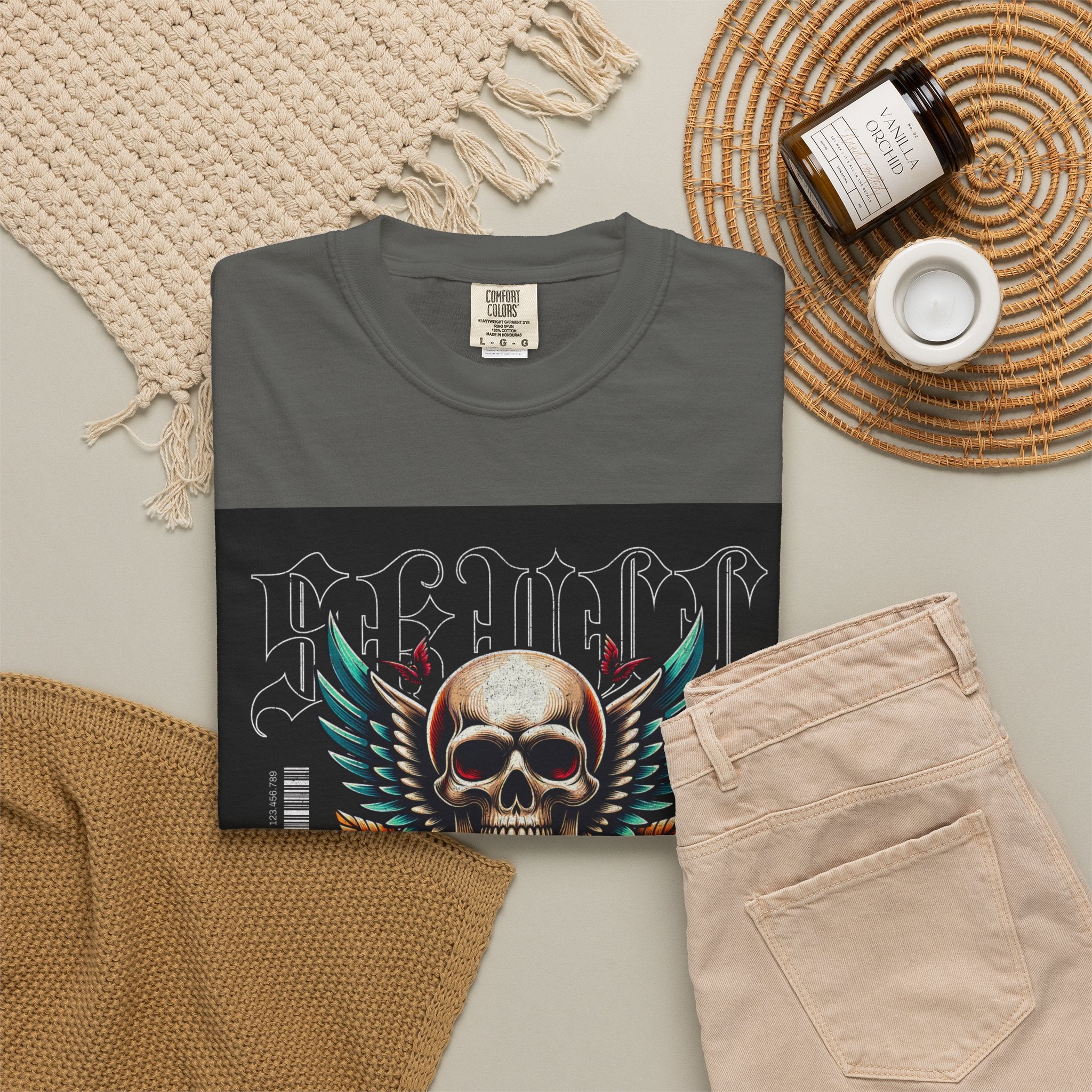 Skull Wings Graphic T-Shirt — Vintage Rock Tattoo Style with Roses
