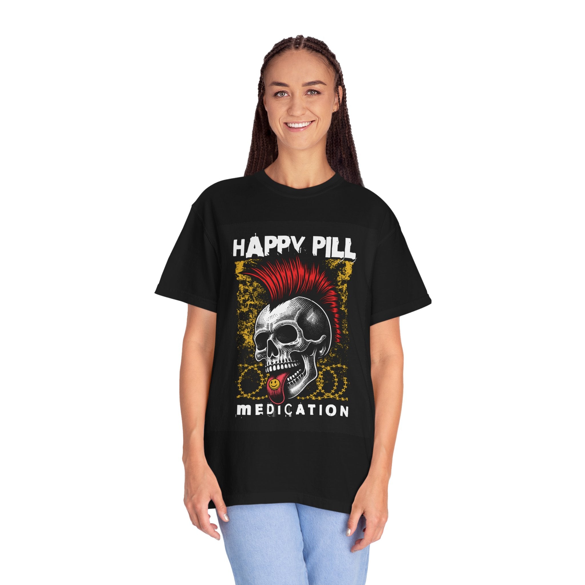 Happy Pill Punk Skull T-Shirt — 'Happy Pill Medication' Graphic Tee