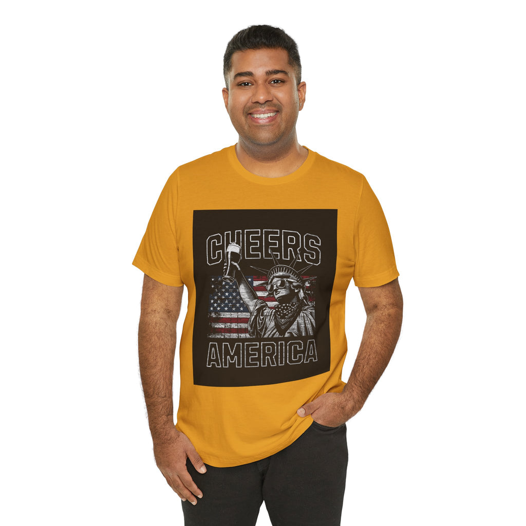 Cheers America T-Shirt — Statue of Liberty Holding Beer & Flag Patriotic Tee