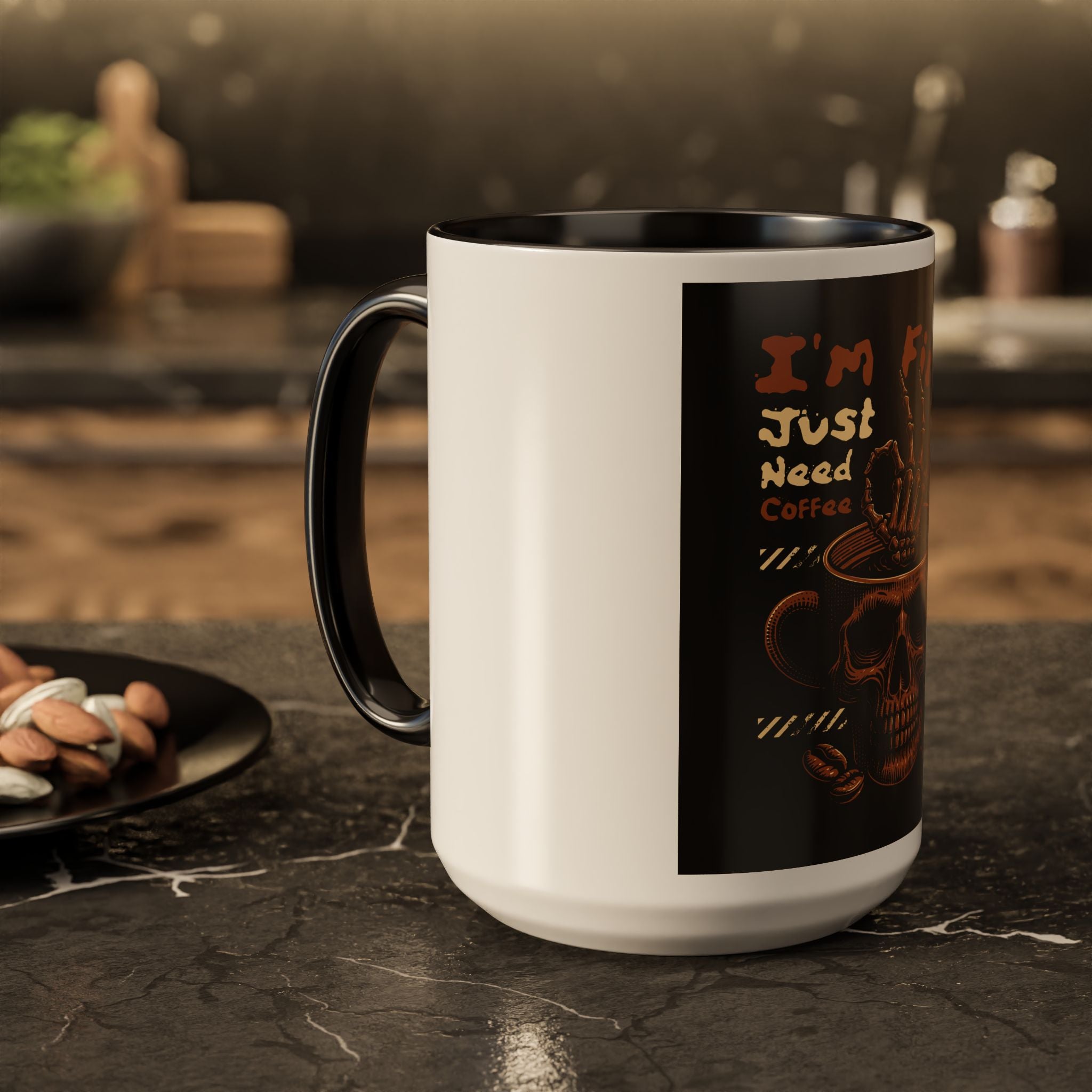 Skull Coffee Mug – "I'm Fine Just Need Coffee" Gothic Ceramic Mug