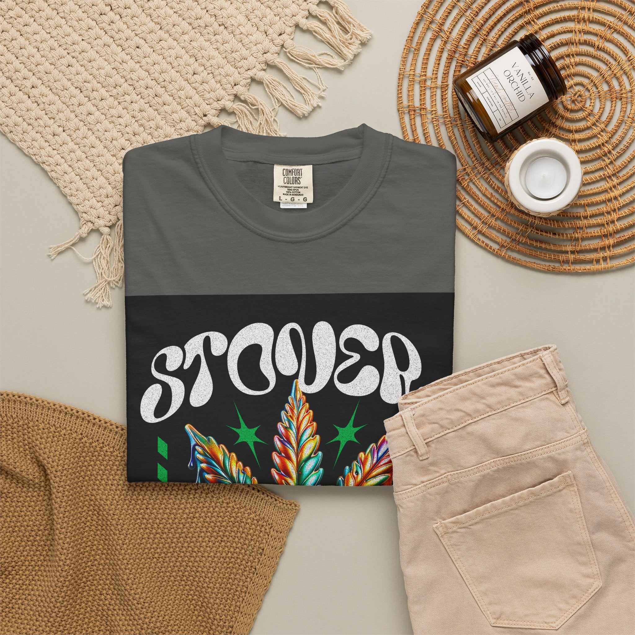T-Shirt — Stover "Grow Your Own Serenity" Colorful Cannabis Leaf Graphic