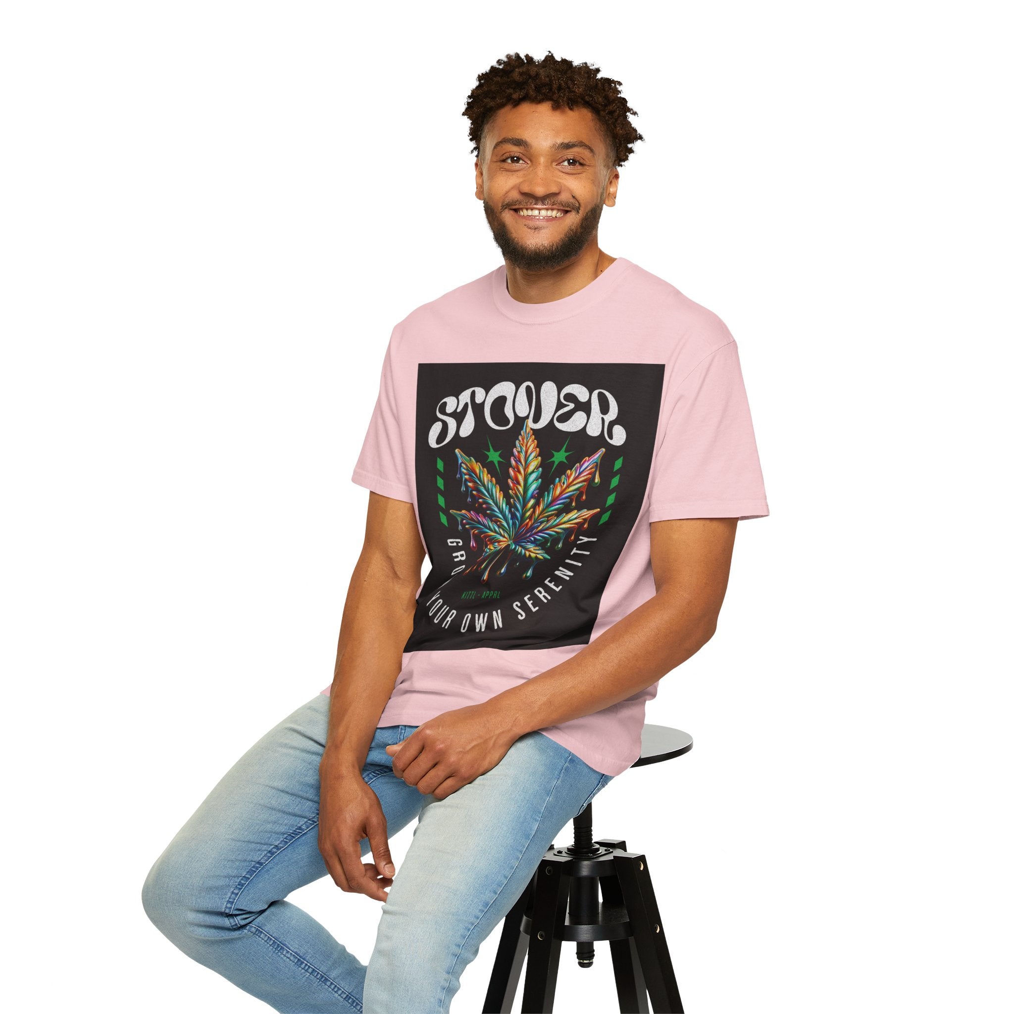 T-Shirt — Stover "Grow Your Own Serenity" Colorful Cannabis Leaf Graphic
