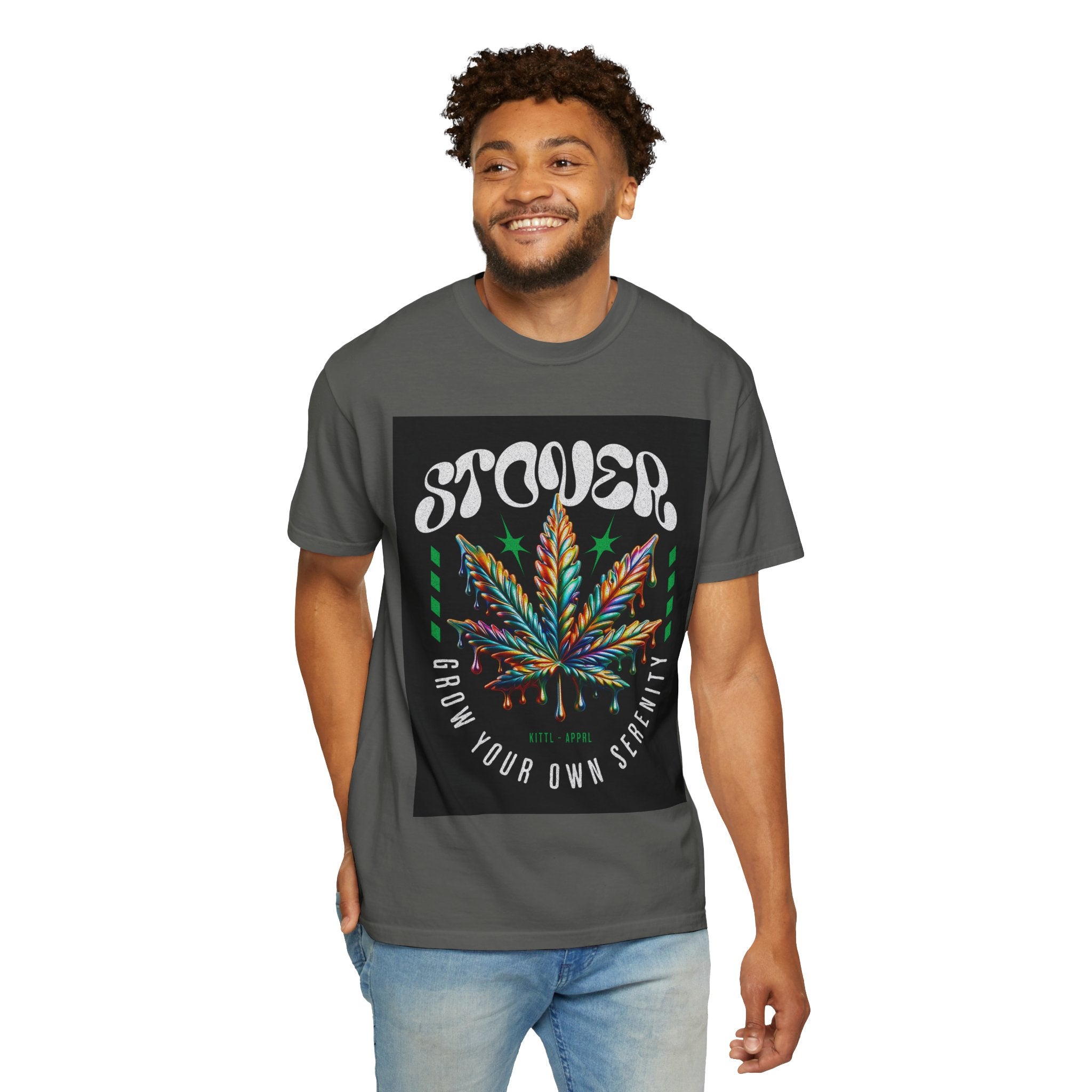 T-Shirt — Stover "Grow Your Own Serenity" Colorful Cannabis Leaf Graphic