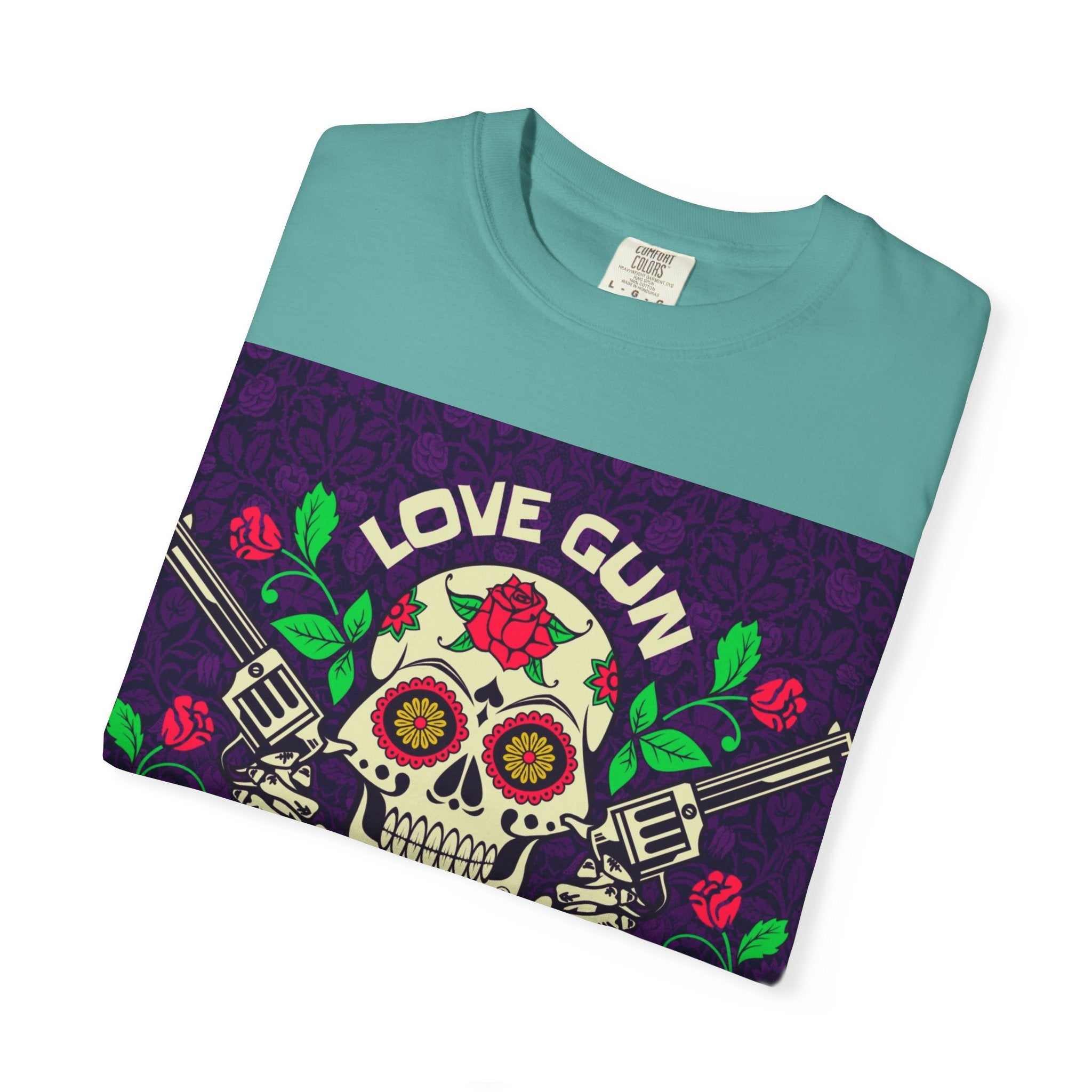 Love Gun Skull T‑Shirt — Day of the Dead Floral Graphic Tee