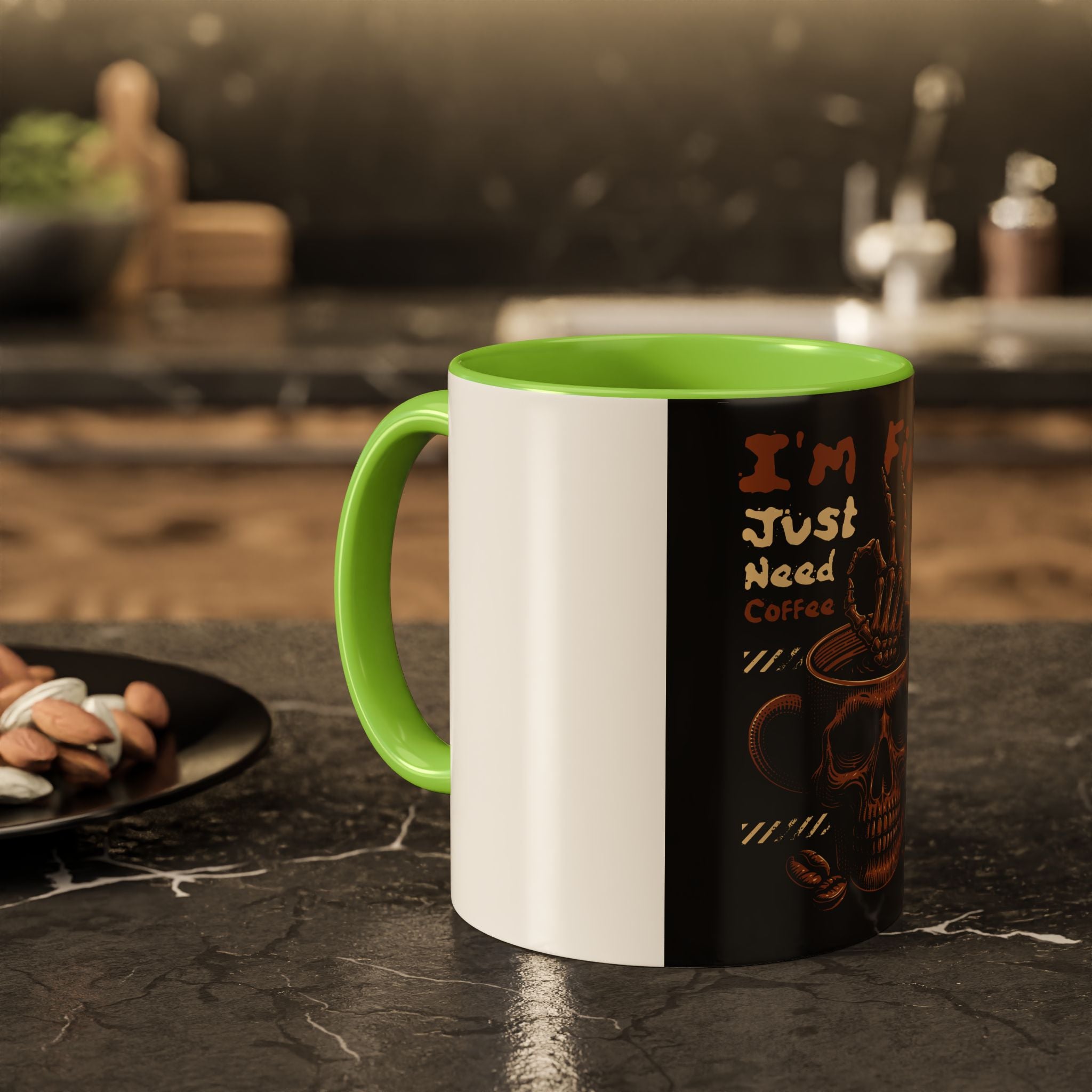 Skull Coffee Mug – "I'm Fine Just Need Coffee" Gothic Ceramic Mug